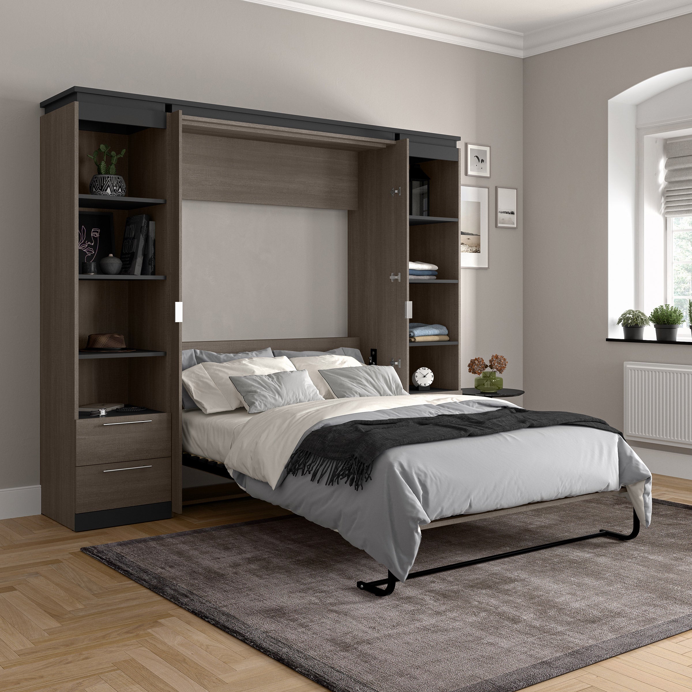 Orion Full Wall Bed with 2 Shelving Units with Drawers