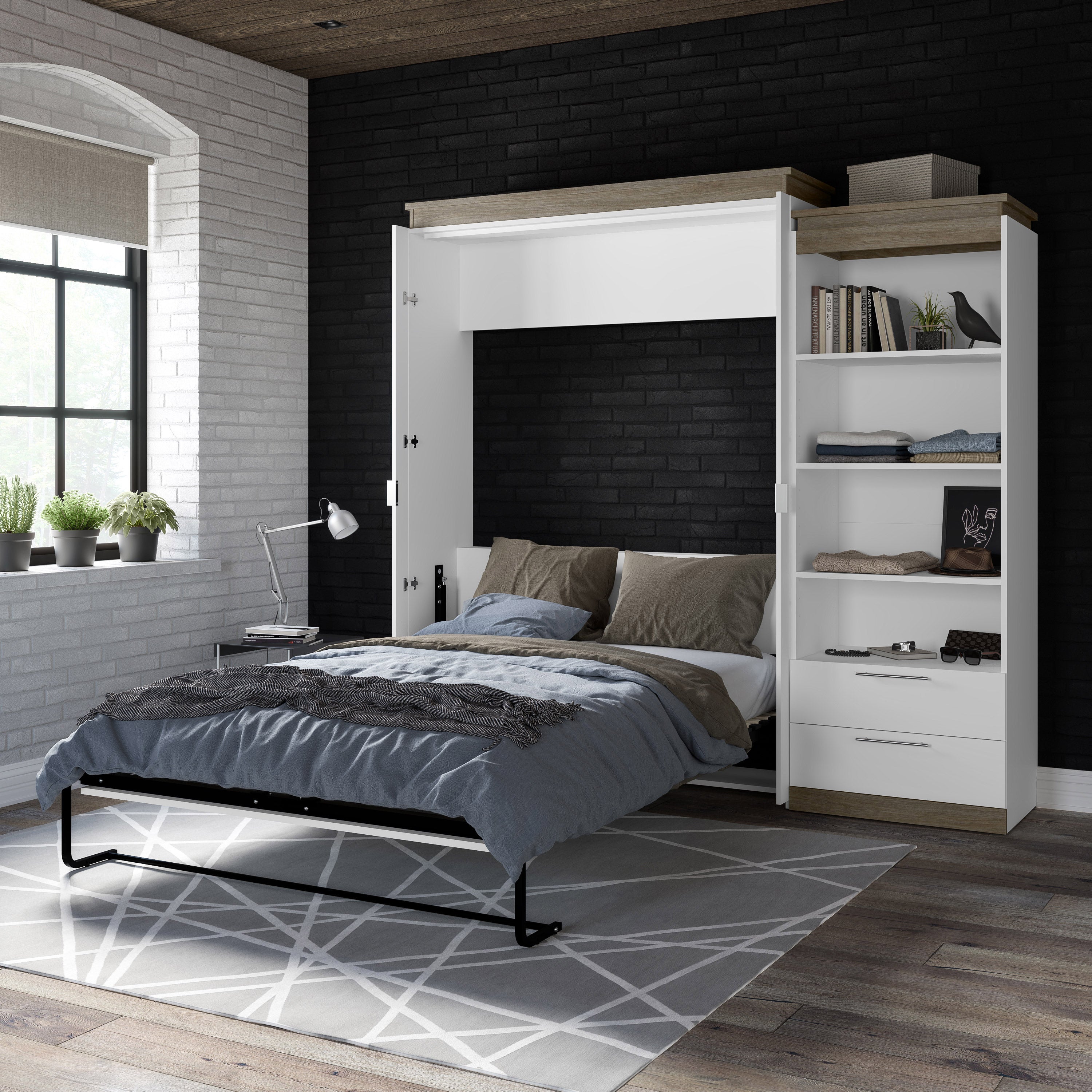Orion Queen Wall Bed with Shelving Unit with Drawers