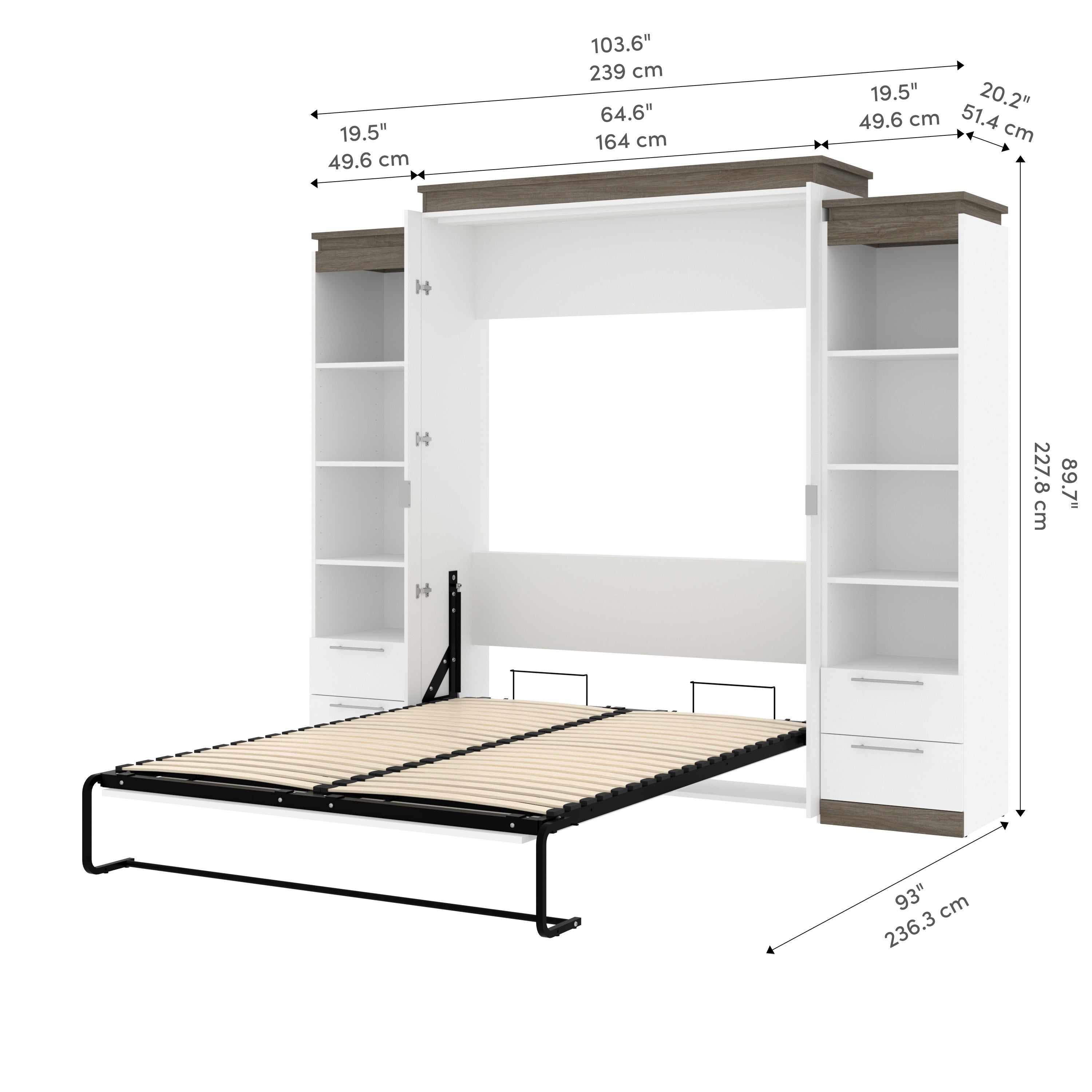 Orion Queen Wall Bed with 2 Shelving Units with Drawers