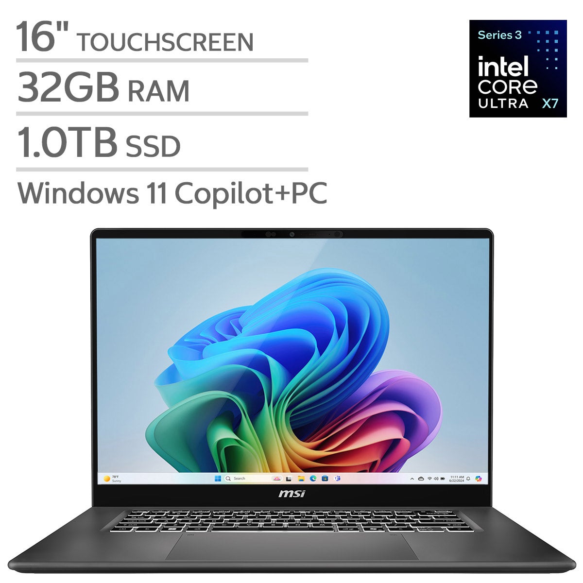 MSI Prestige 16 AI+ Copilot+ Laptop - 16" OLED 2880 x 1800 Touchscreen - Intel Core Ultra X7 358H - 32GB RAM - 1TB SSD - Windows 11.