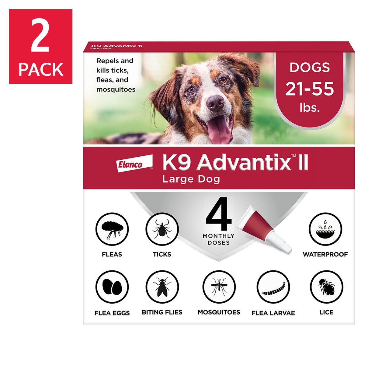 K9 Advantix II Flea and Tick Topical Treatment for Dogs 21-55 lbs, 4-doses, 2-count