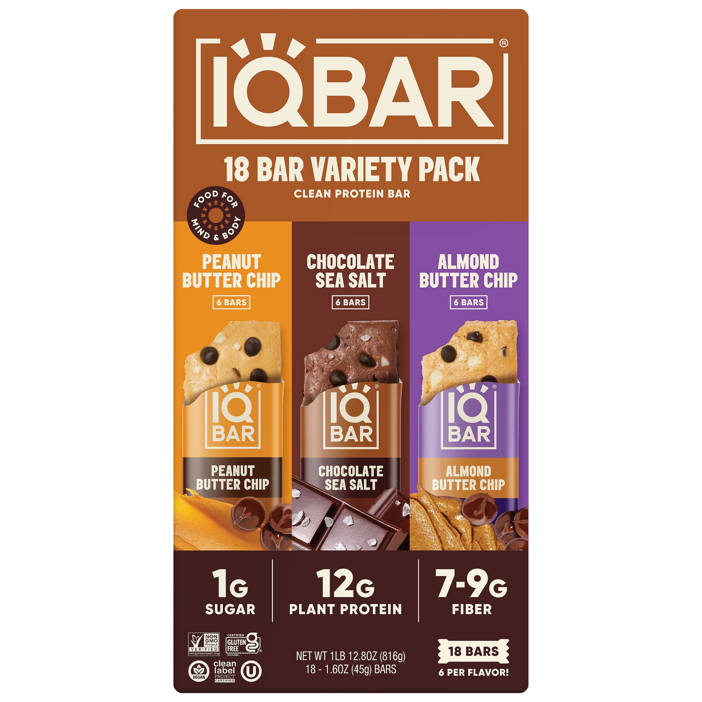 IQBAR Clean Protein Bars, Variety Pack, 1.6 oz, 18-count