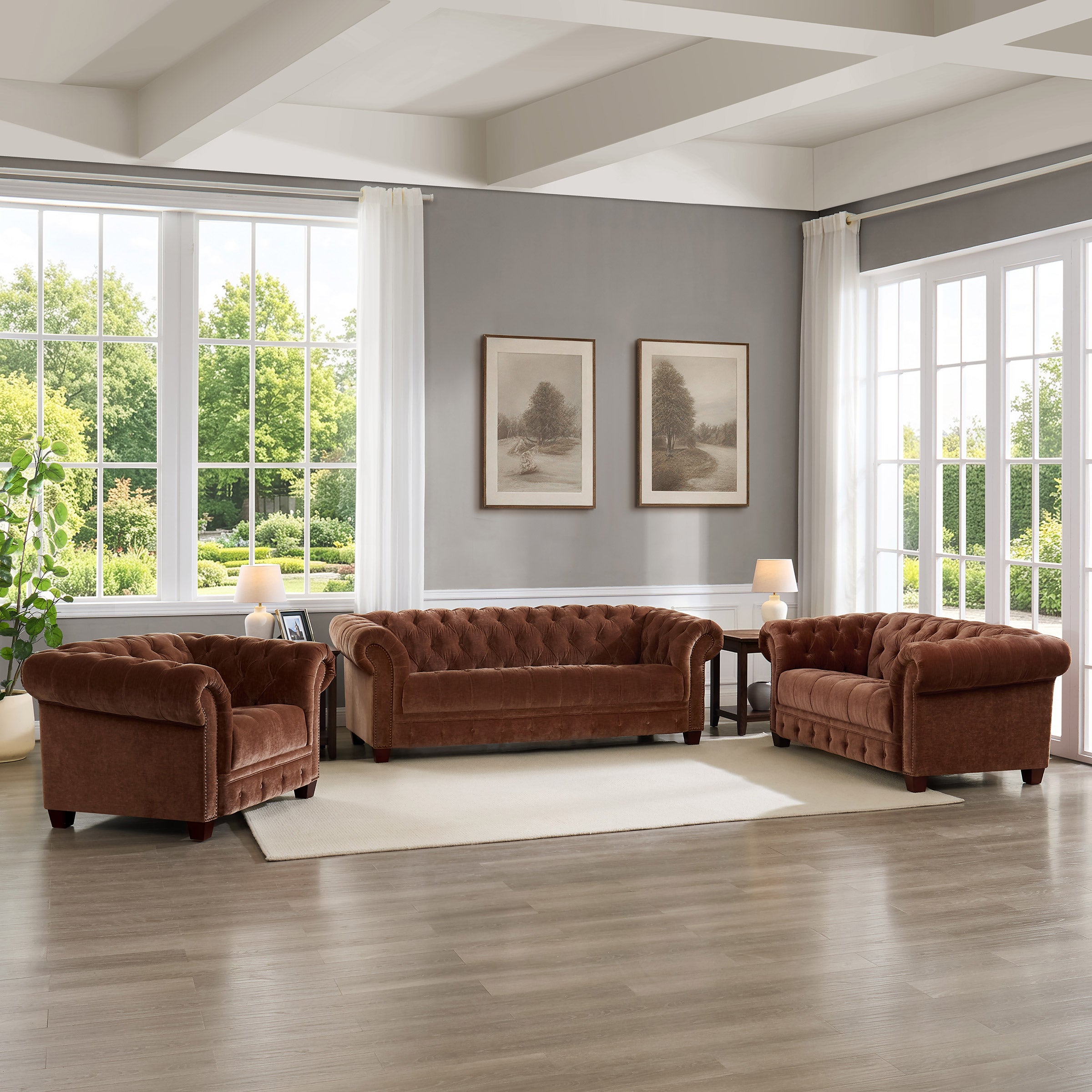 Abbie Fabric Chesterfield Sofa, Chair and Loveseat, Brown