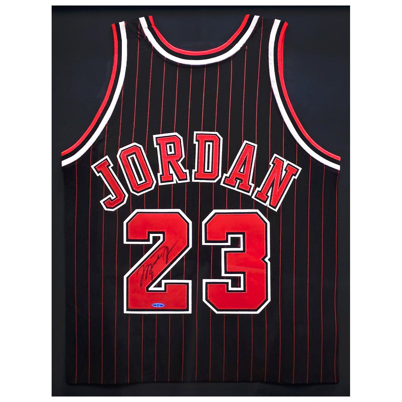Michael Jordan Autographed Framed Black & Red Pinstripes 1995-96 Chicago Bulls Jersey - Upper Deck Authenticated