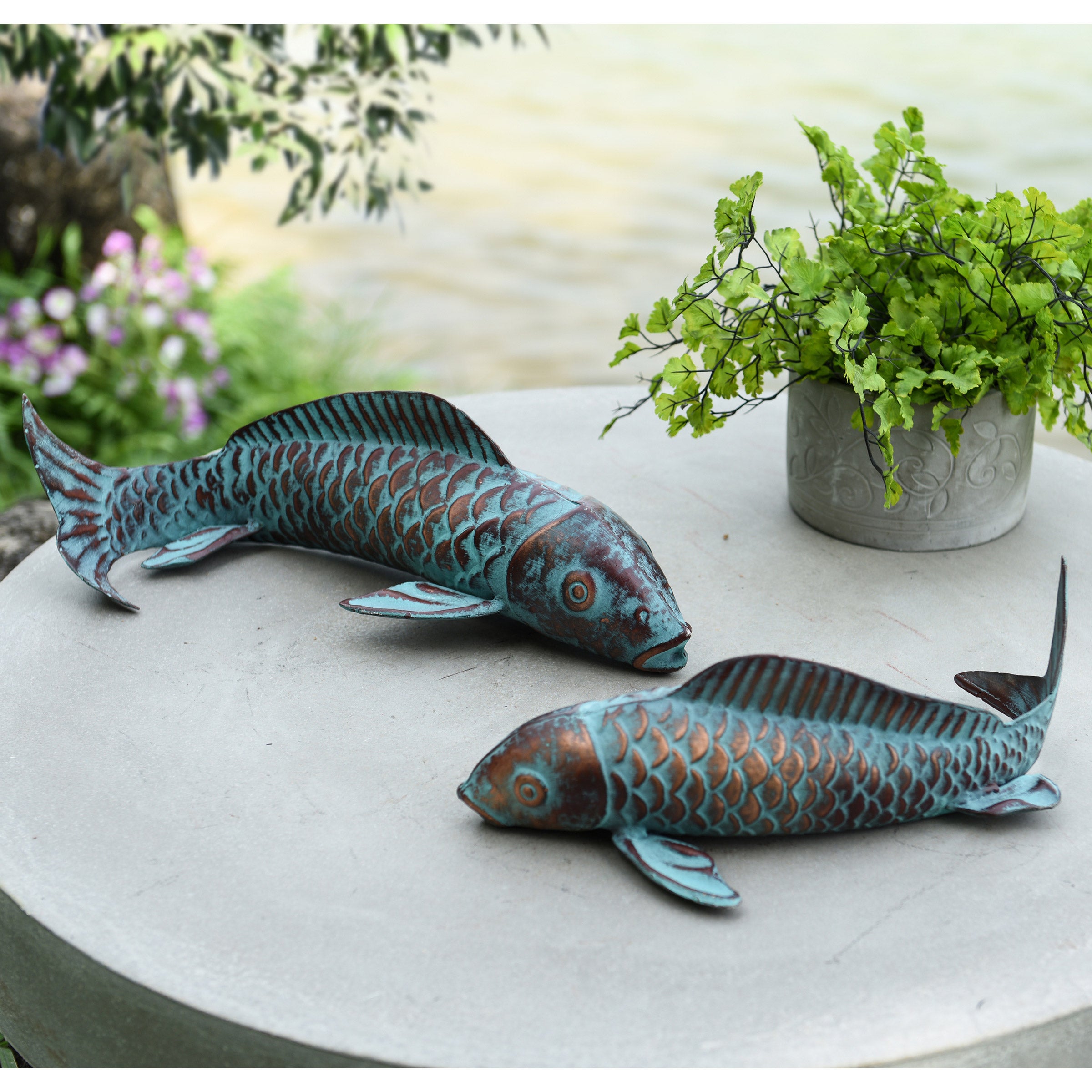 Verdigris Metal Fish Statue, 2-pack