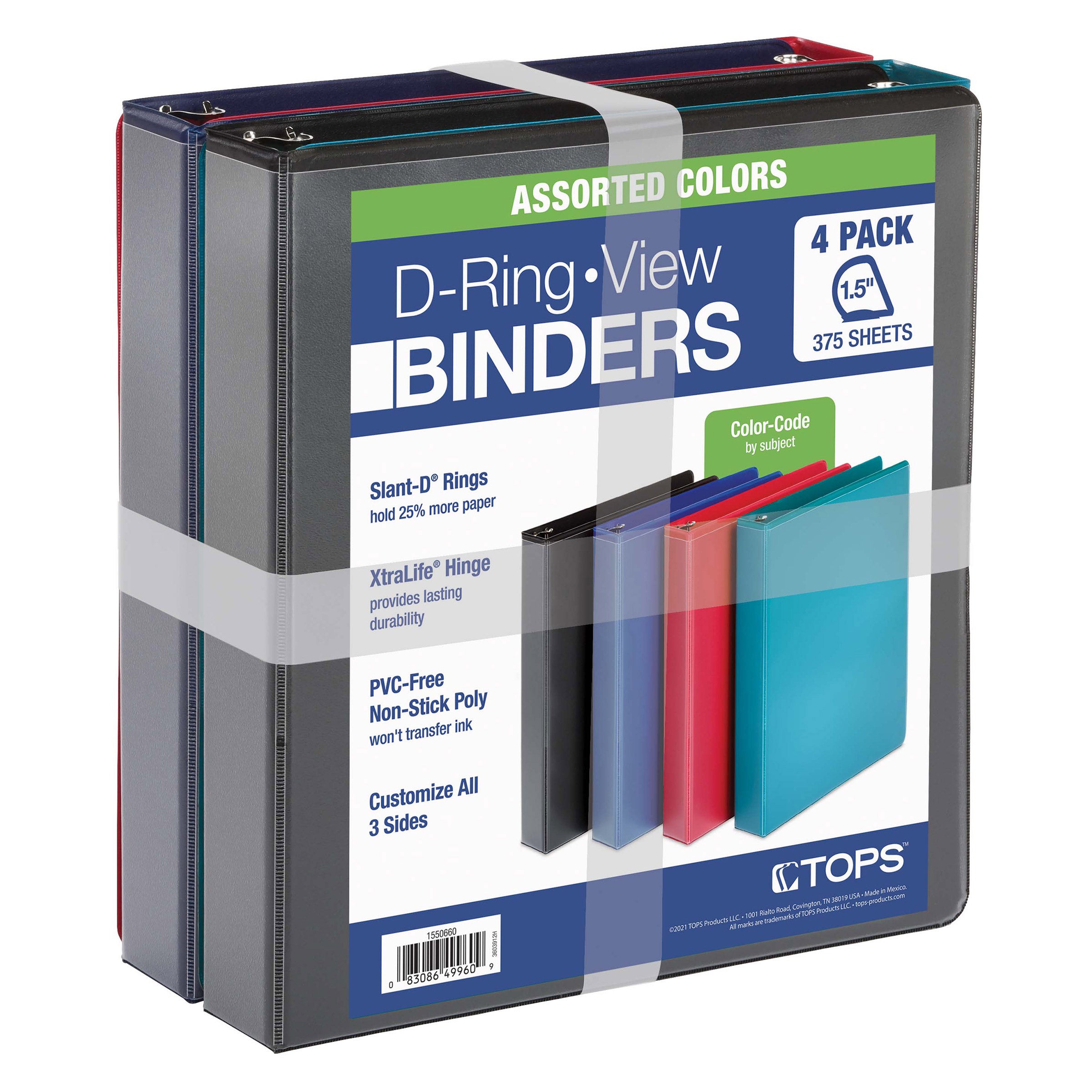 TOPS 1.5” D-Ring View Binders, 4-pack
