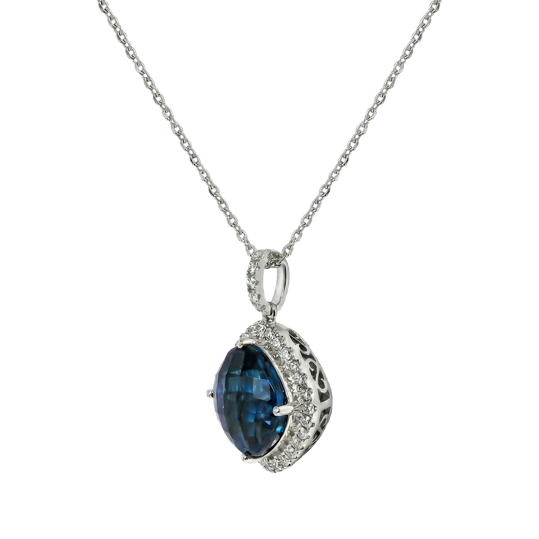 London Blue Topaz and Diamond 14kt White Gold Pendant
