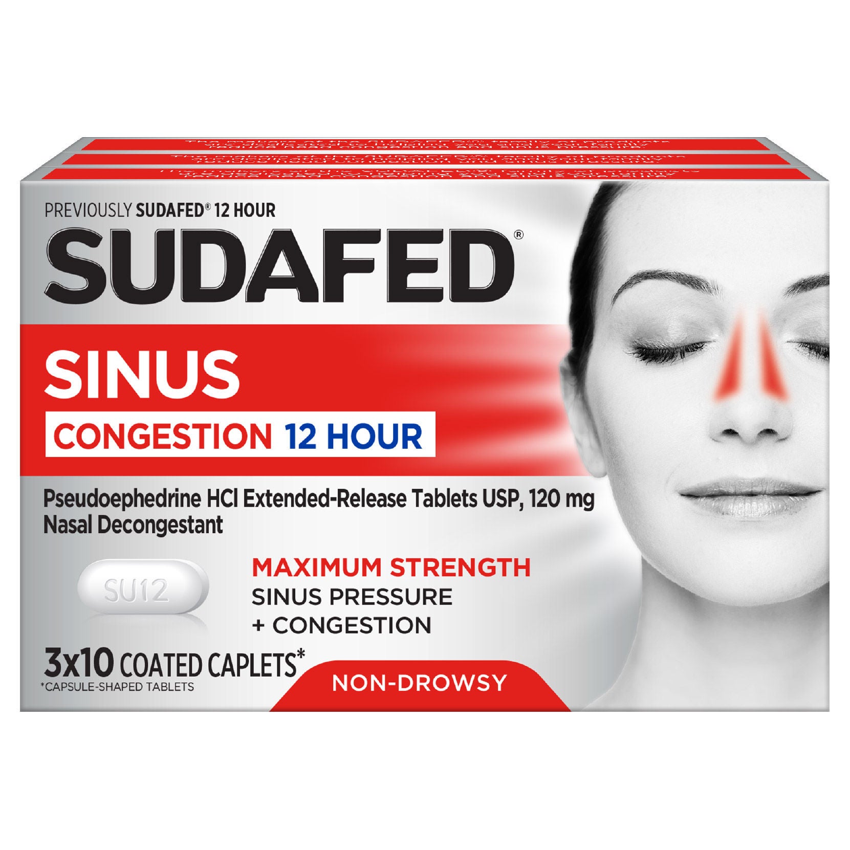Sudafed Maximum Strength 12-Hour Sinus Decongestant, 120 mg Pseudoephedrine HCl, 30 Caplets