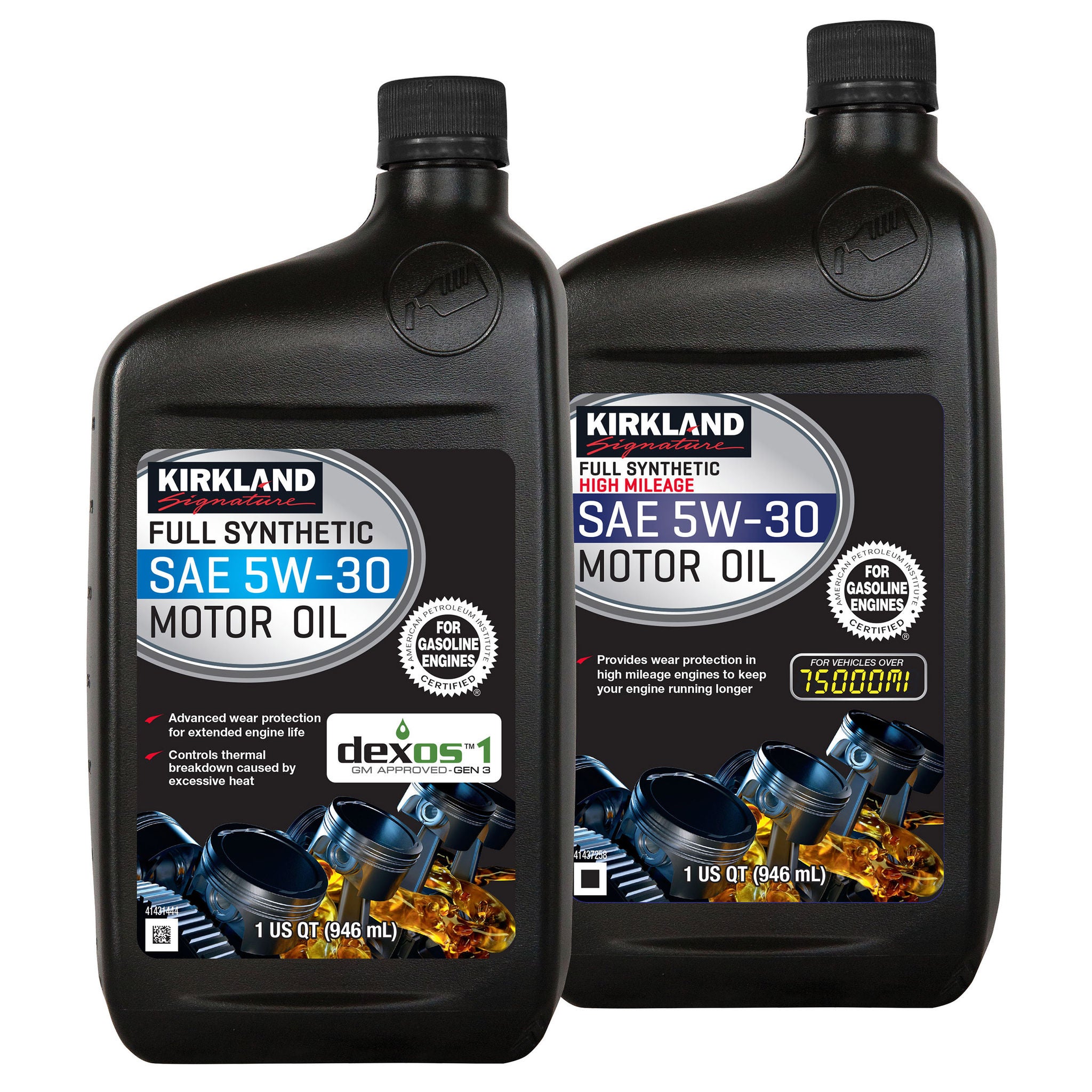 Kirkland Signature 0W-20 Full Synthetic and 5W-30 High Mileage Full Synthetic Motor Oil 1-Quart, 12-Pack