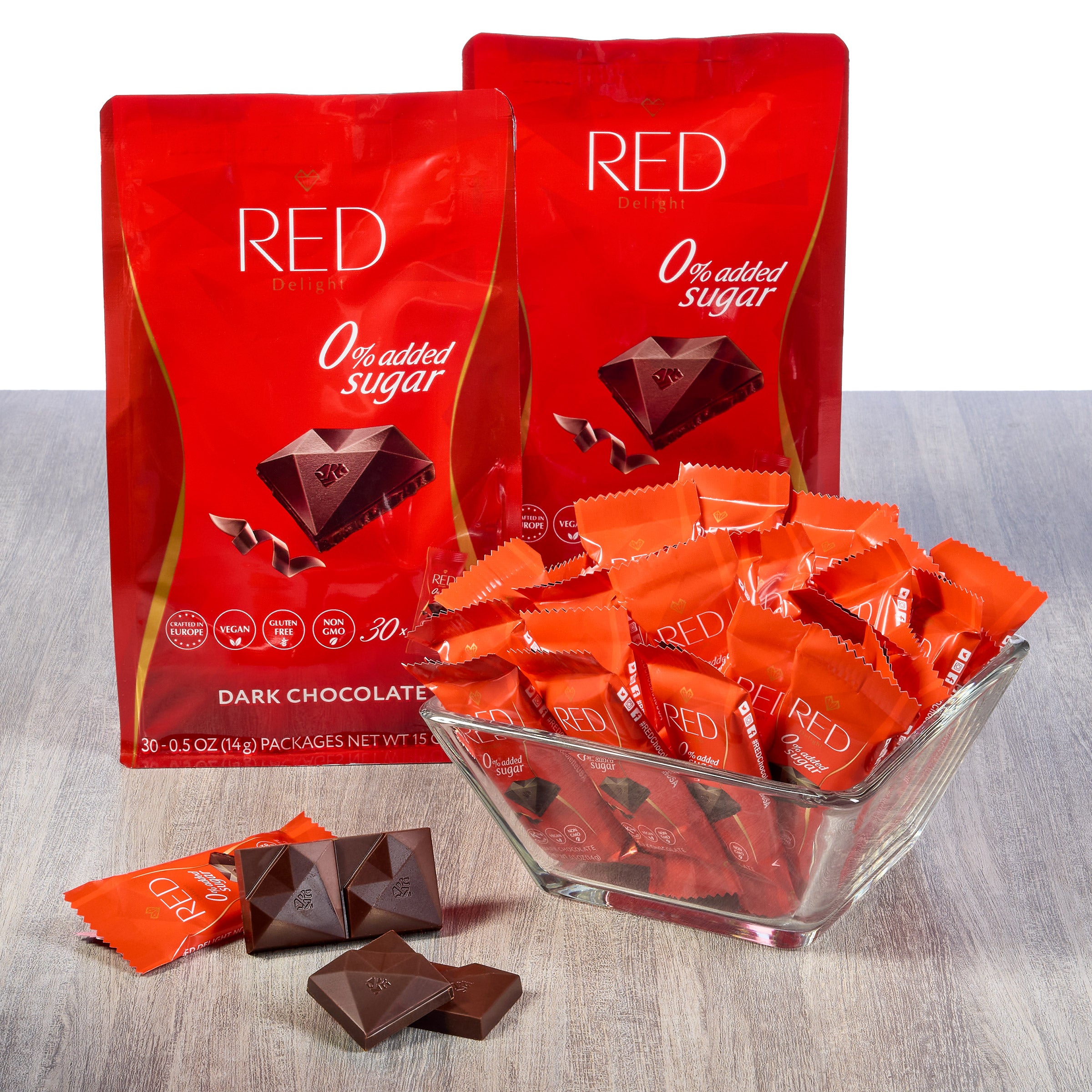 RED Delight Vegan Dark Chocolate Bars 30 - 14 Gr. Snack Size Bars Per Bag, 2-pack
