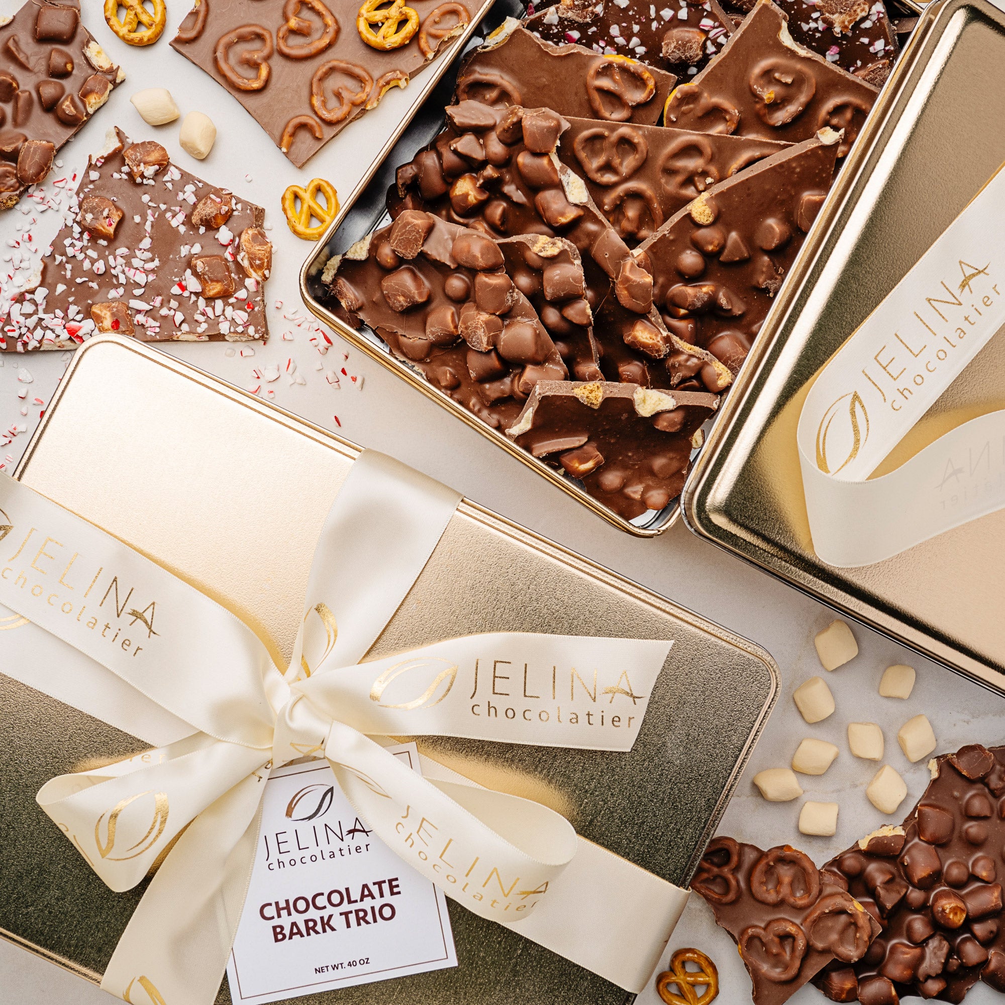 Jelina Chocolatier Handcrafted Chocolate Bark Trio Tower, 2.5 lbs Total