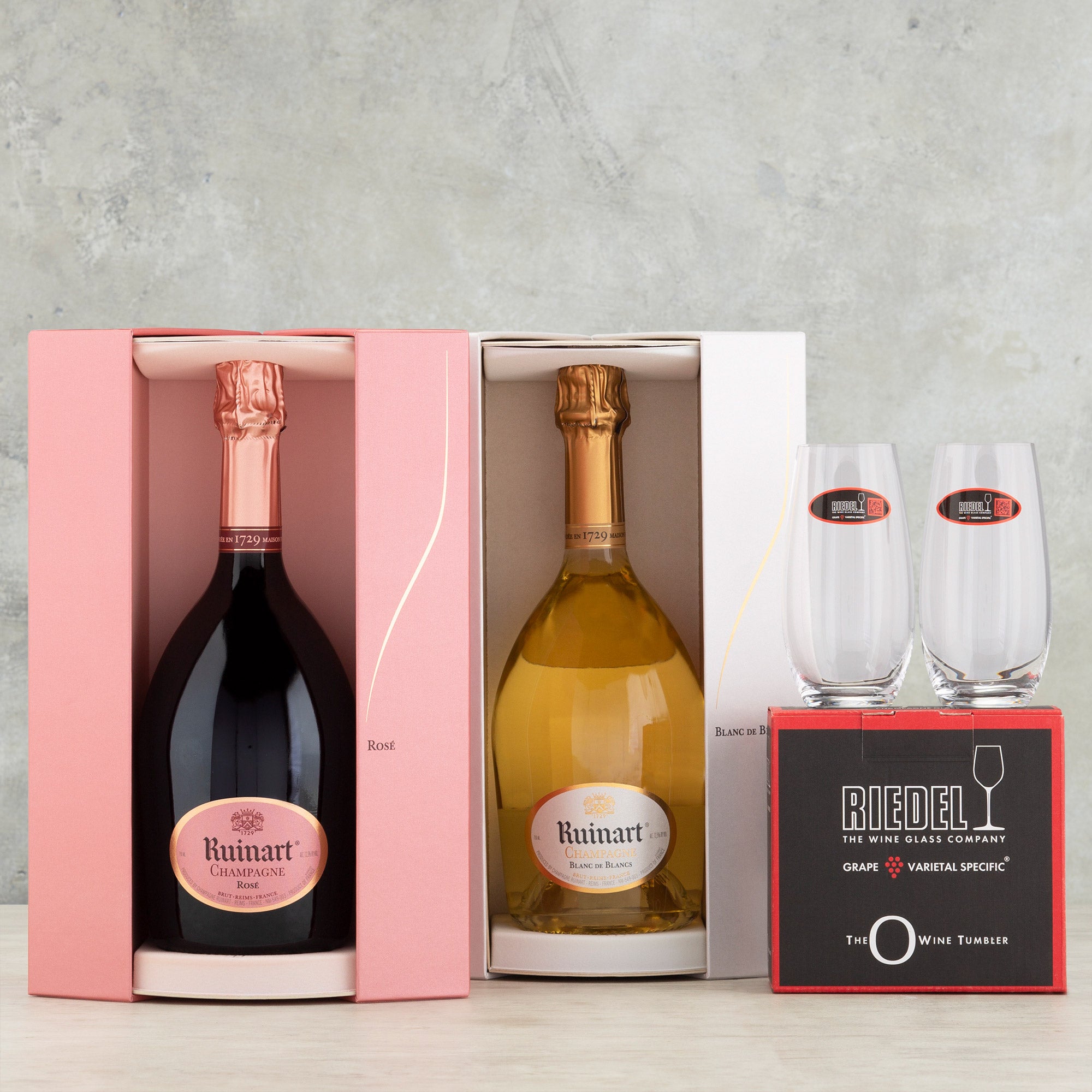 Ruinart Blanc de Blancs & Rose Champagne with Riedel Glasses, CA ONLY