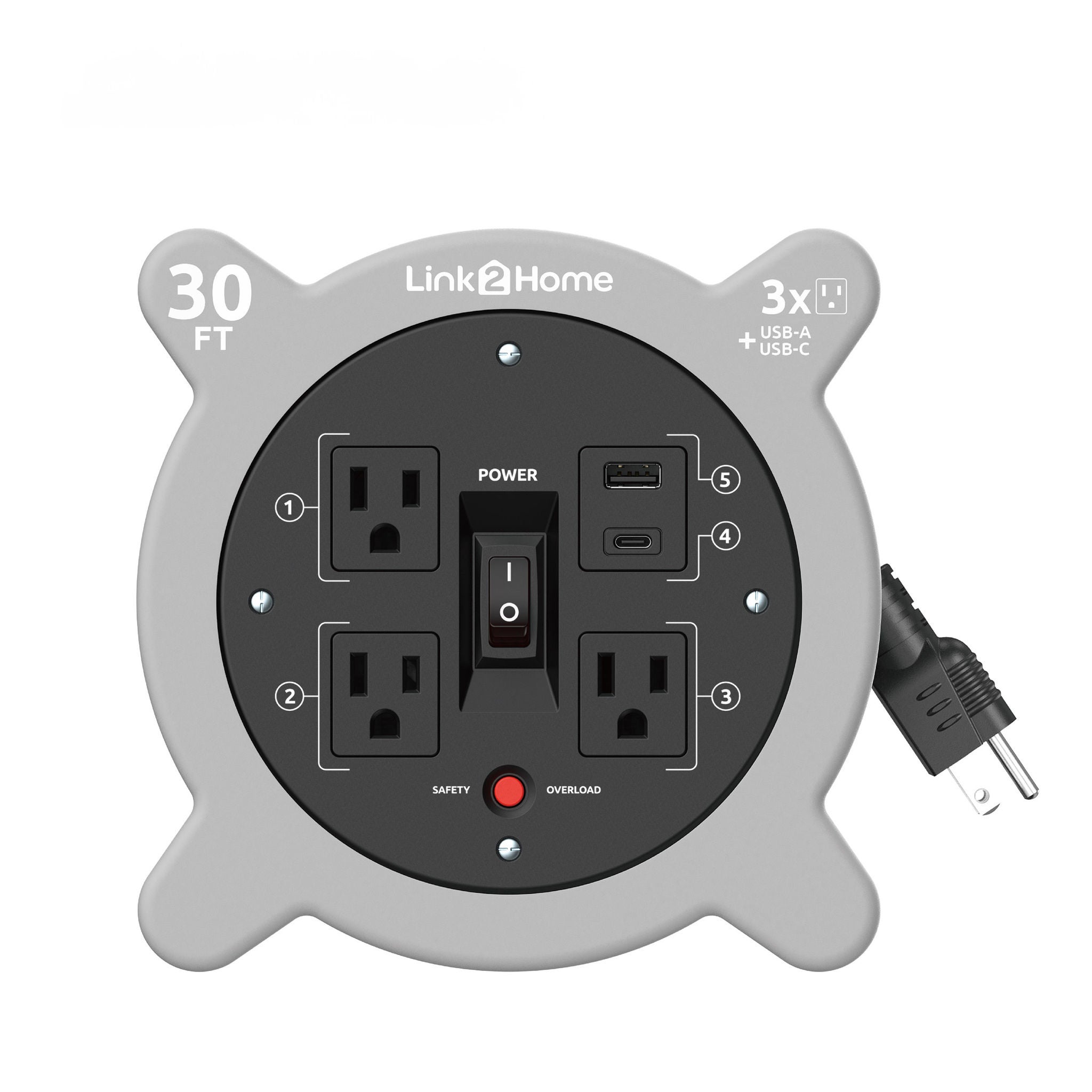 Link2Home 30ft. Cord Reel with 3 Outlets 2 USB A/C