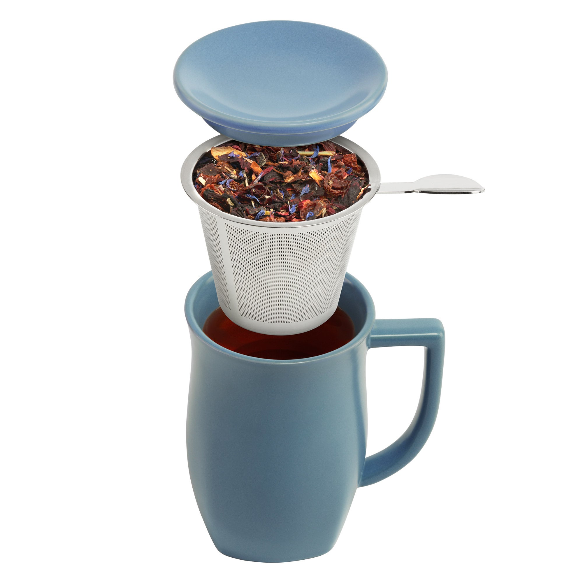 Tea Forte Single Steep Herbal Retreat Tea Bundle with Stone Blue Fiore Teapot, Steeping Cup & 30 Single Steeps Loose Leaf Teas