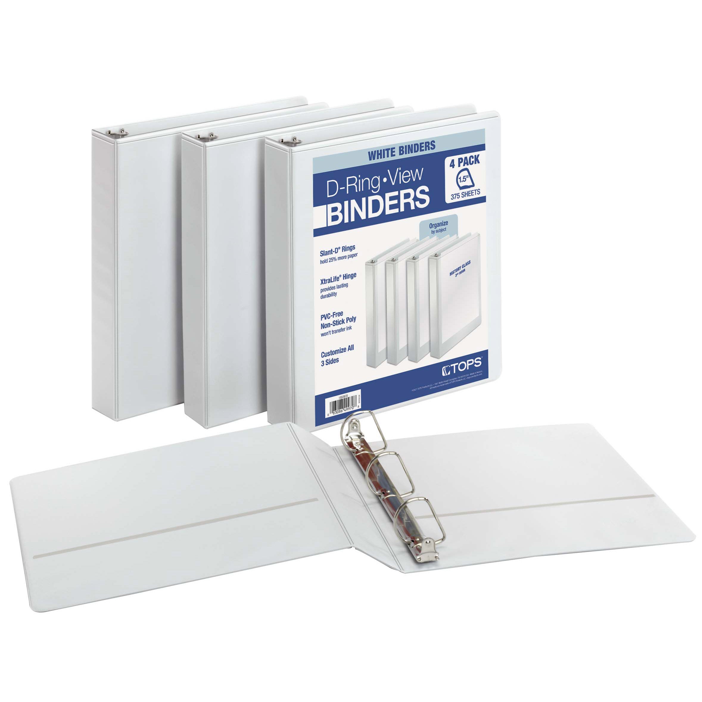 TOPS 1.5” D-Ring View Binders, 4-pack
