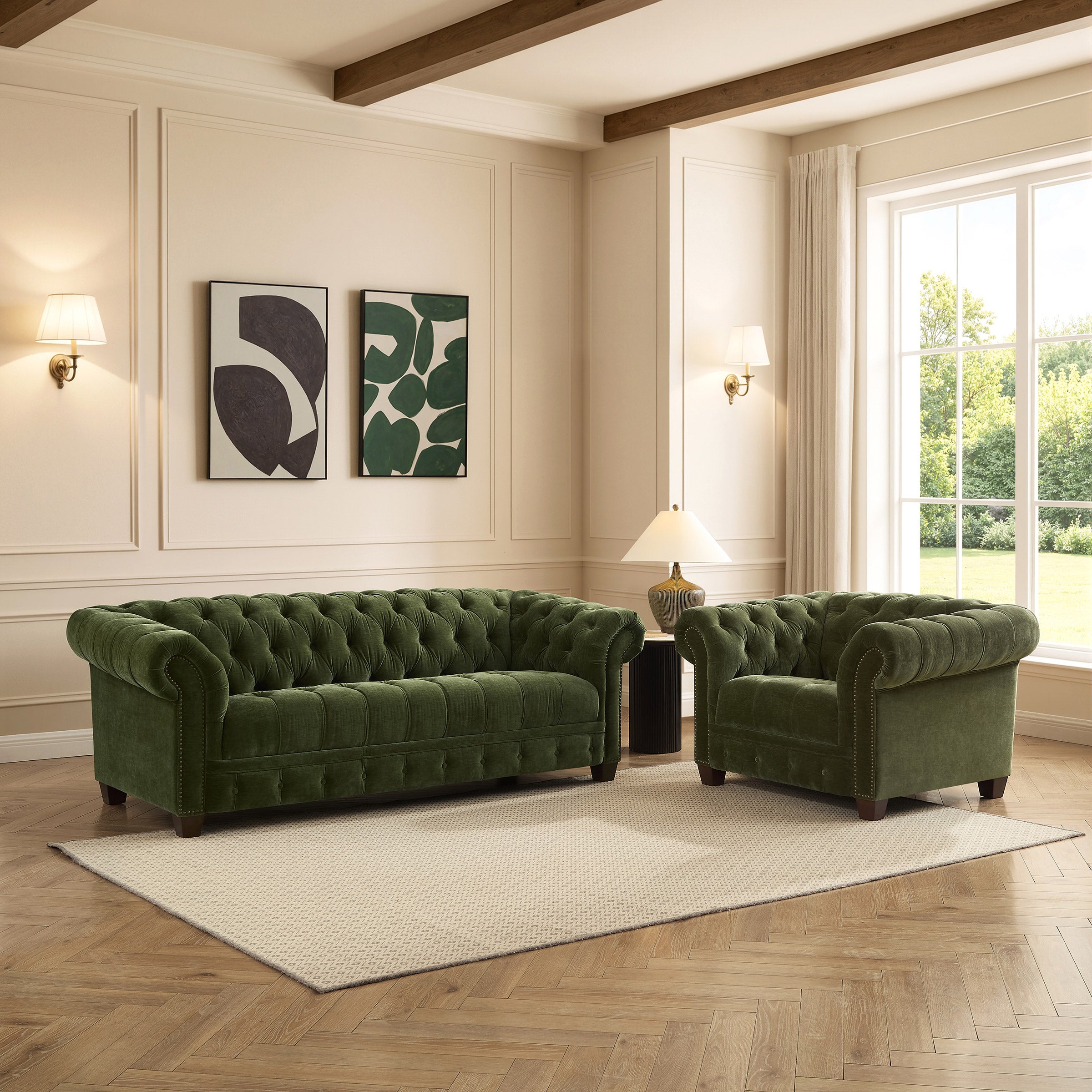 Abbie Fabric Chesterfield Sofa and Chair, Green