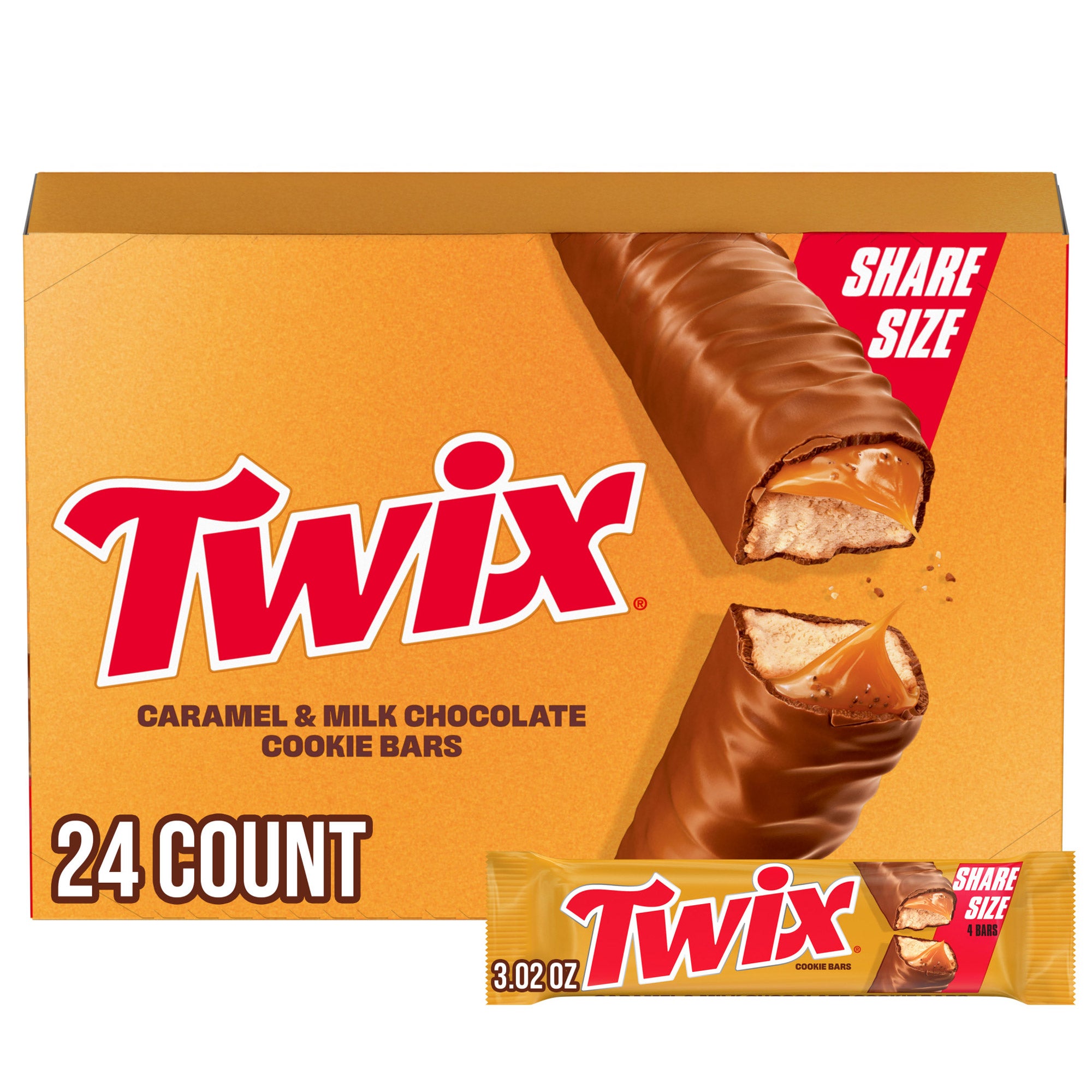 Twix Share Size Chocolate Caramel Cookie Candy Bar, 3.02 oz, 24-count