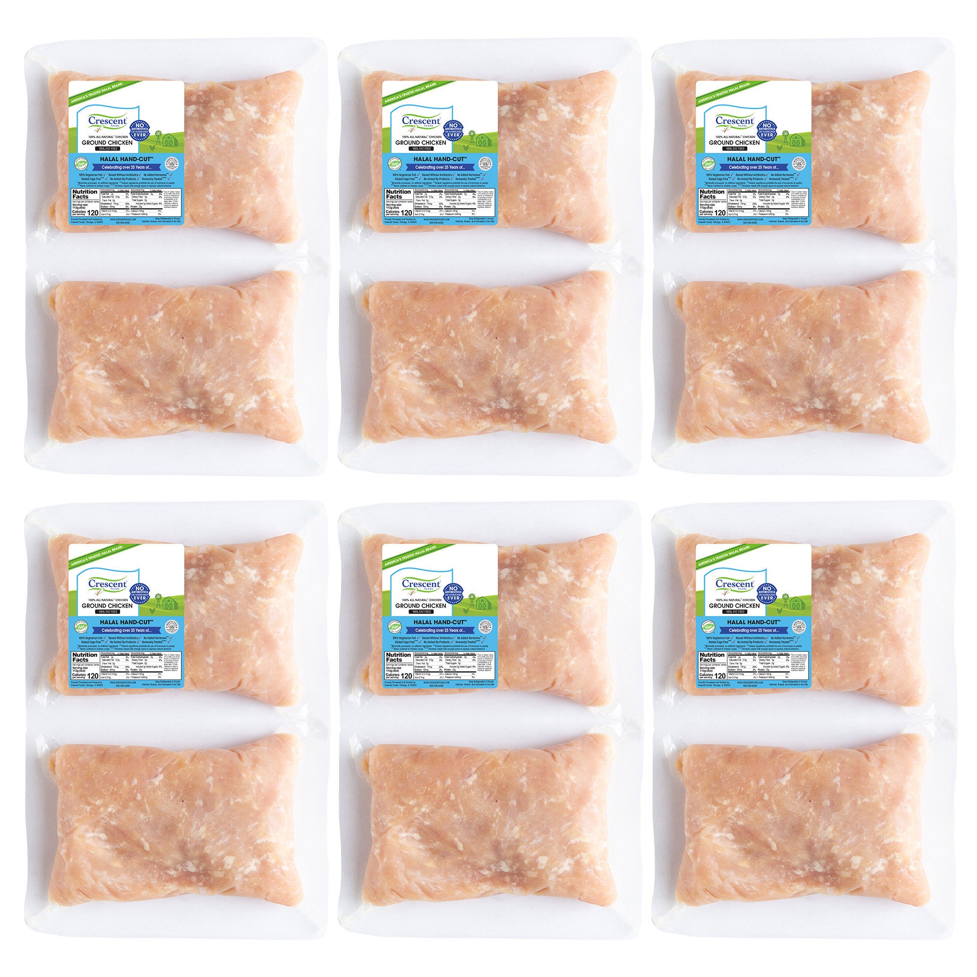 Crescent Foods Halal Hand Cut Ground Chicken, 6-2 lb. Packs, 12 Lbs. Total