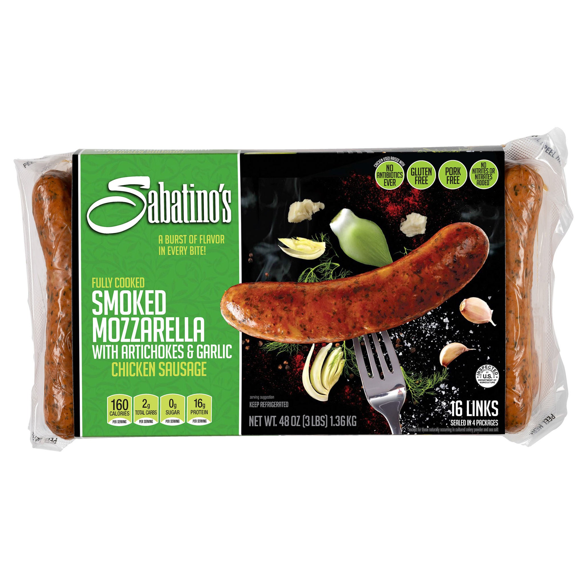 Sabatino's Smoked Mozzarella with Artichokes and Garlic Chicken Sausage, 48 oz
