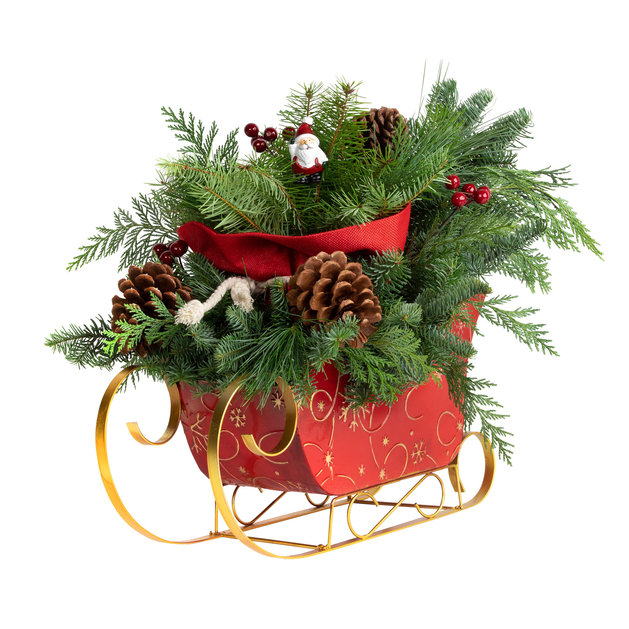 Elegant Sleigh Tabletop Centerpiece with Fresh Greens