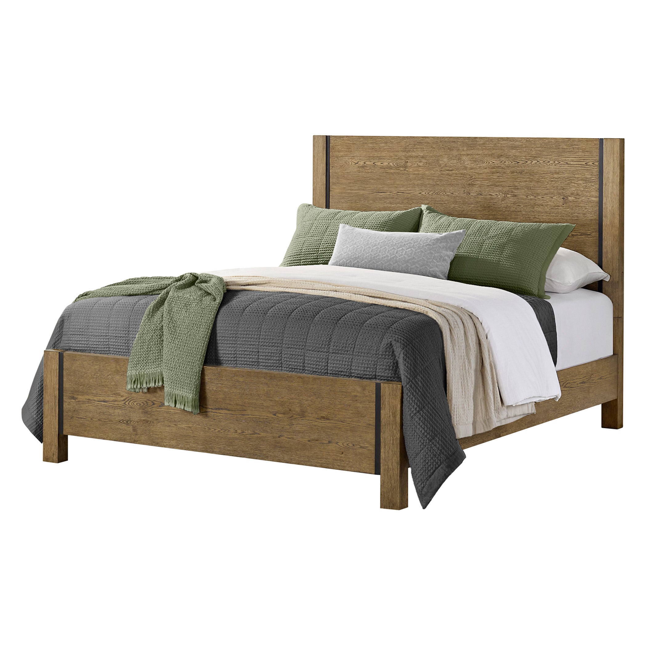 Baylor Panel Bed Frame with Black Metal Accents, Rustic Oak Finish