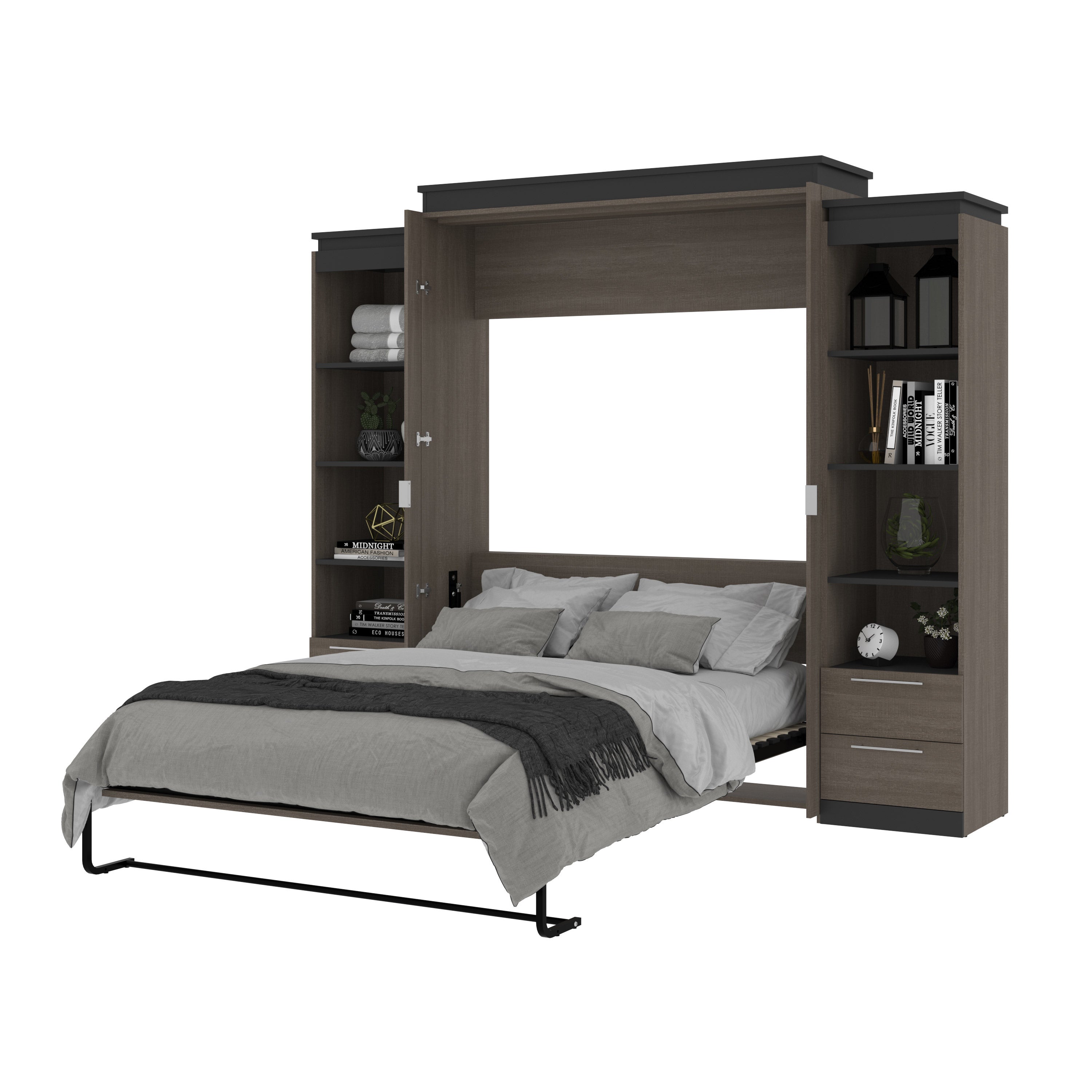 Orion Queen Wall Bed with 2 Shelving Units with Drawers