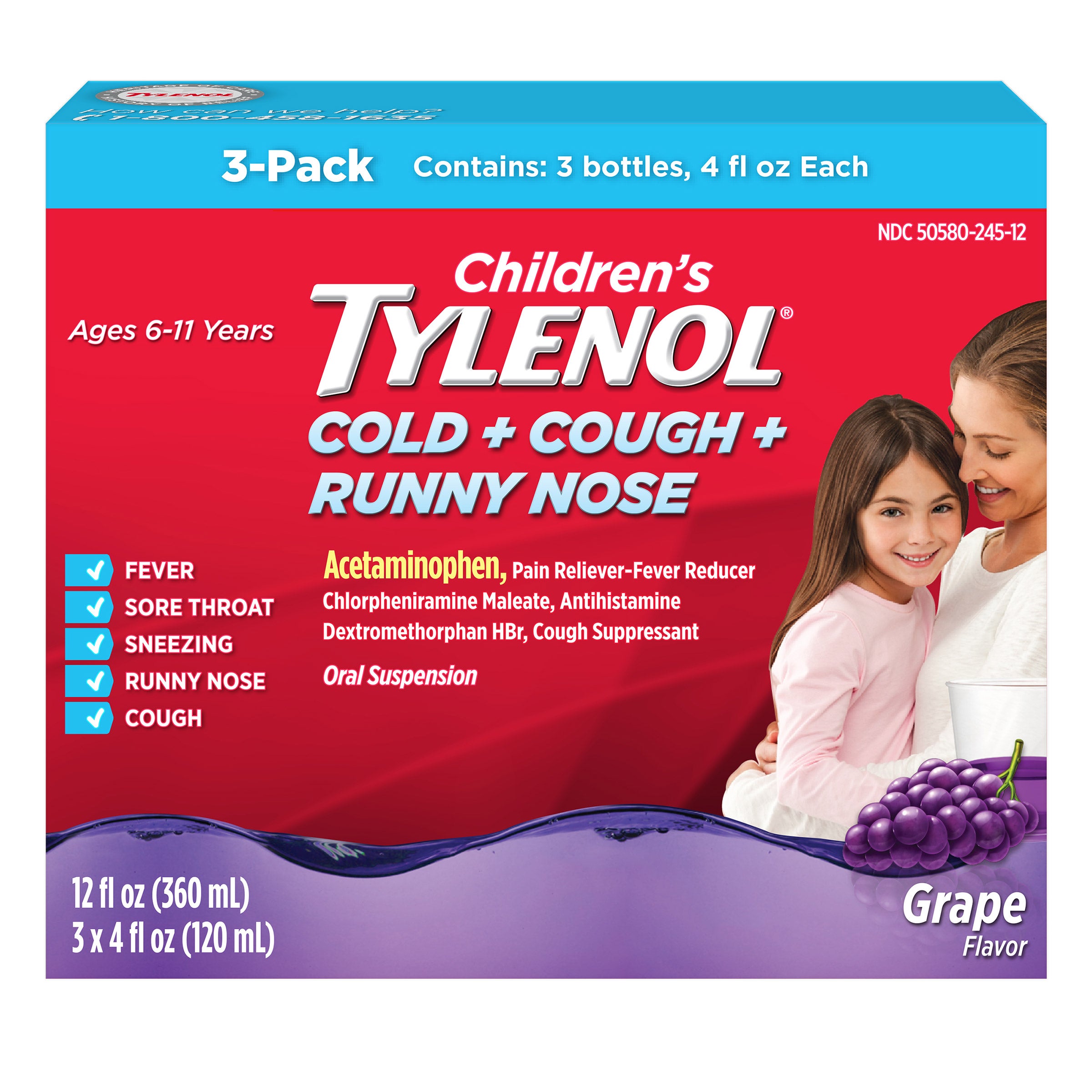 Children's Tylenol Cough + Cold + Runny Nose Grape Flavor, 3 Bottles, 4 Fluid Ounces Each