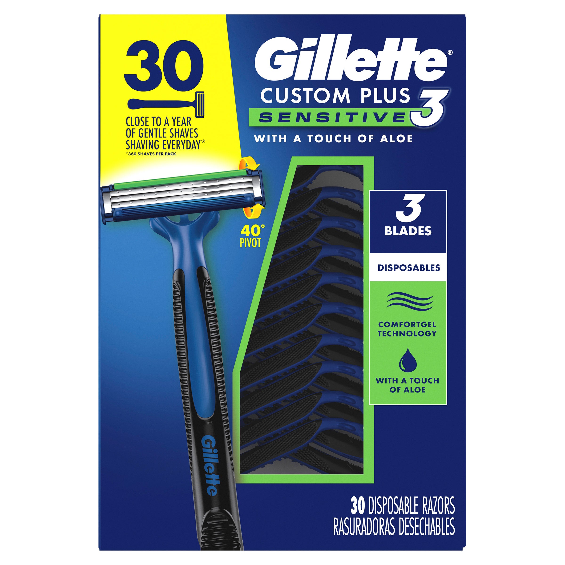 Gillette Custom Plus3 Disposable Razors Sensitive, 30-count