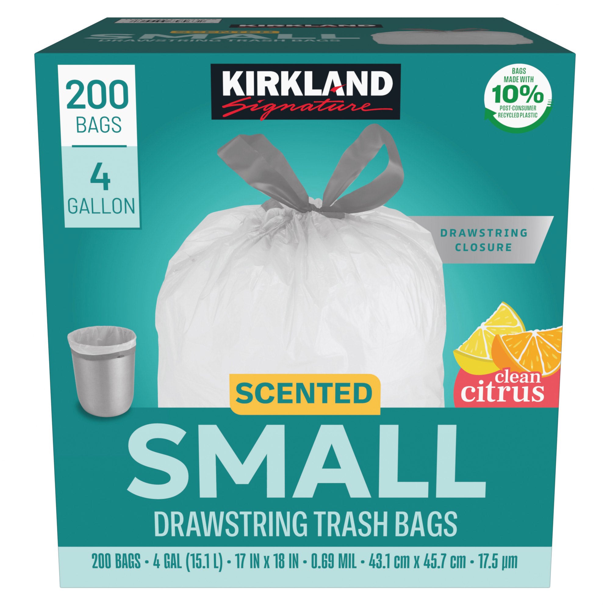 Kirkland Signature 4-Gallon Scented Small Drawstring Trash Bags, Clean Citrus, 200-count