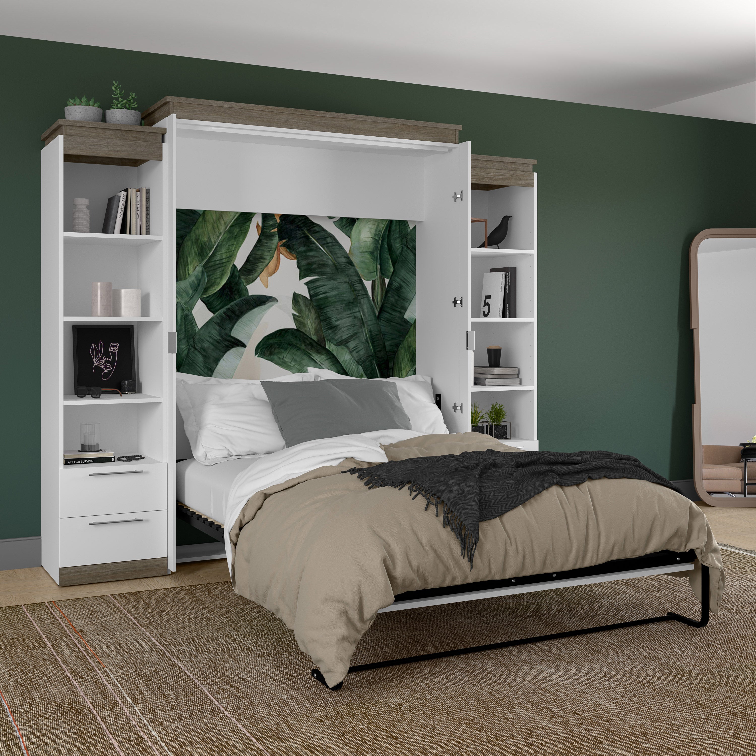 Orion Queen Wall Bed with 2 Shelving Units with Drawers