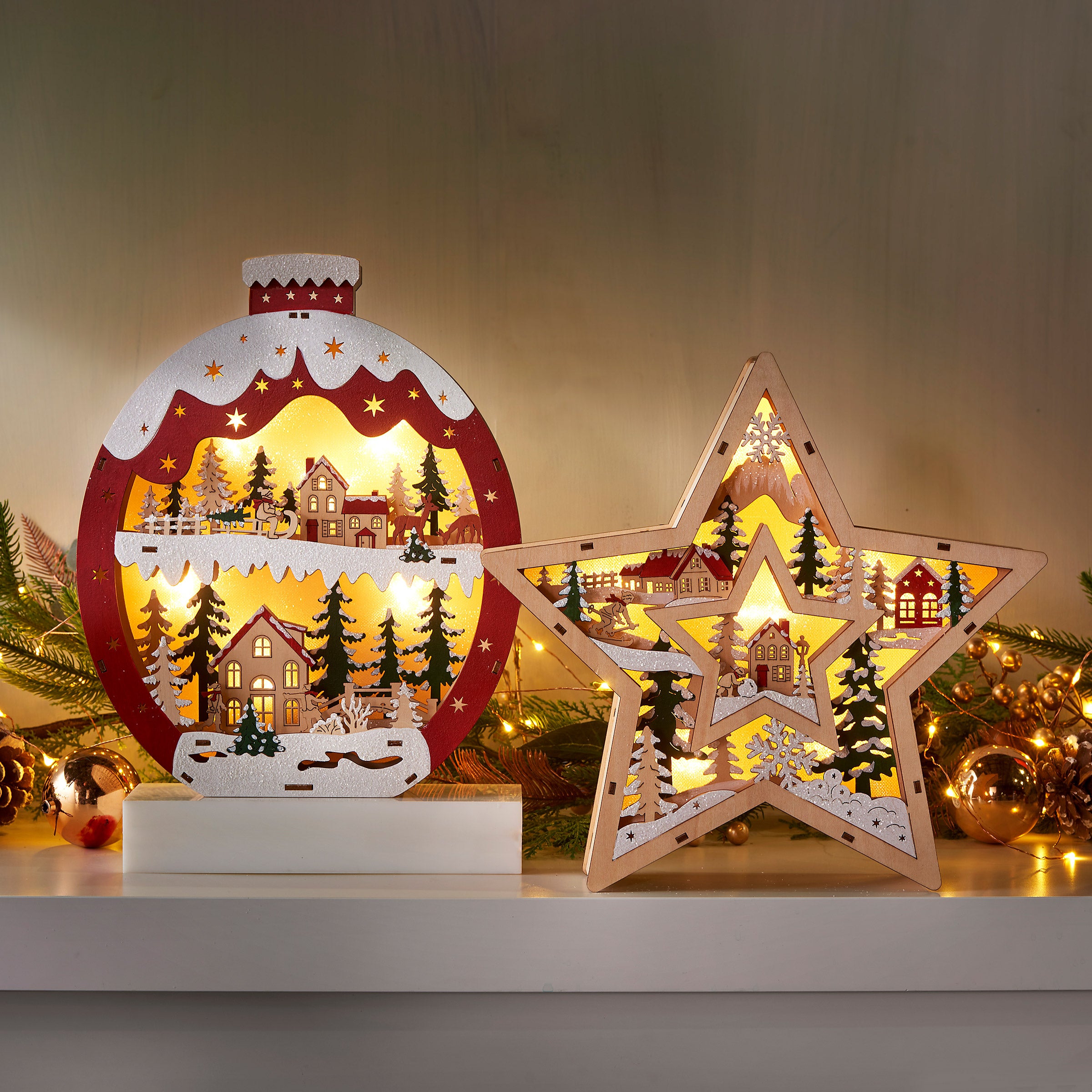 Wooden Holiday Light Up Icons, Ornament and Star, Set of 2