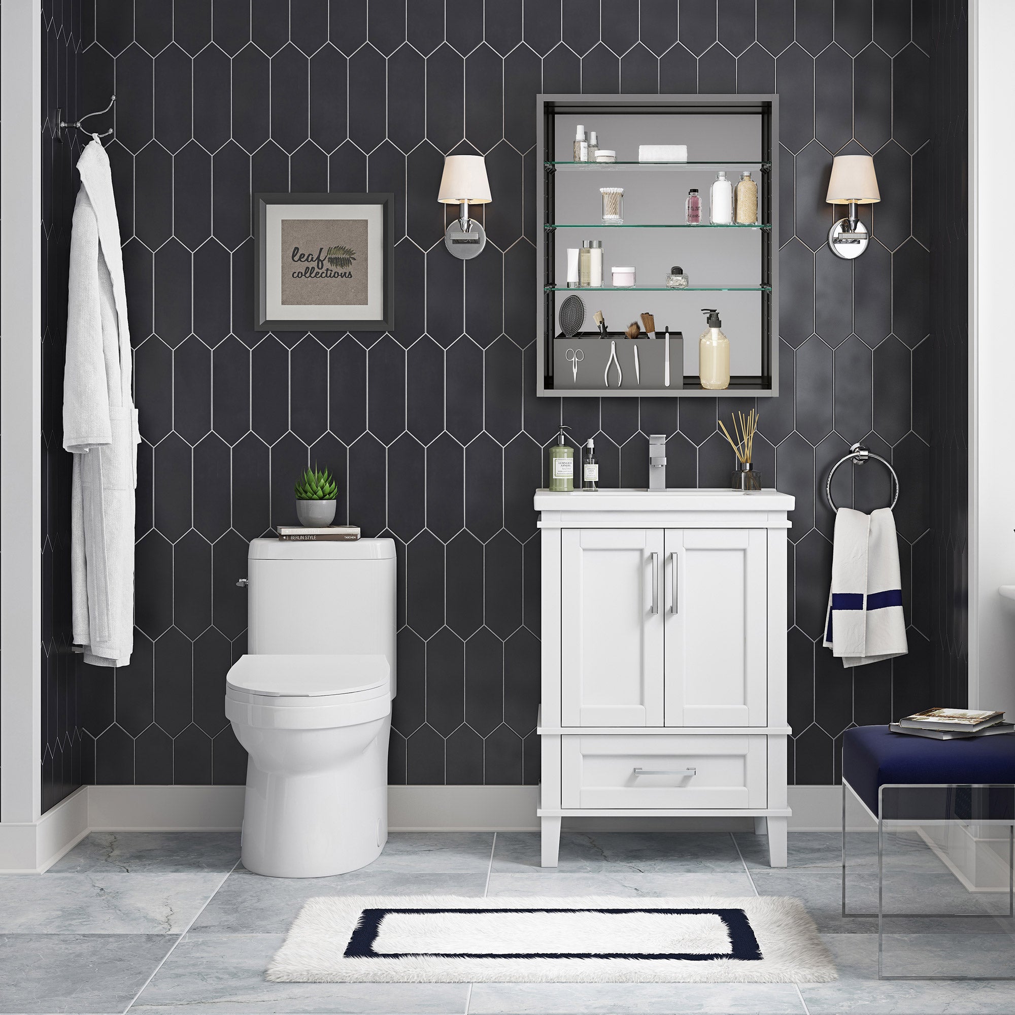 OVE Decors Bathroom Set: Navata 24” Vanity in White, Sabine One Piece Toilet, and Carlow Medicine Cabinet