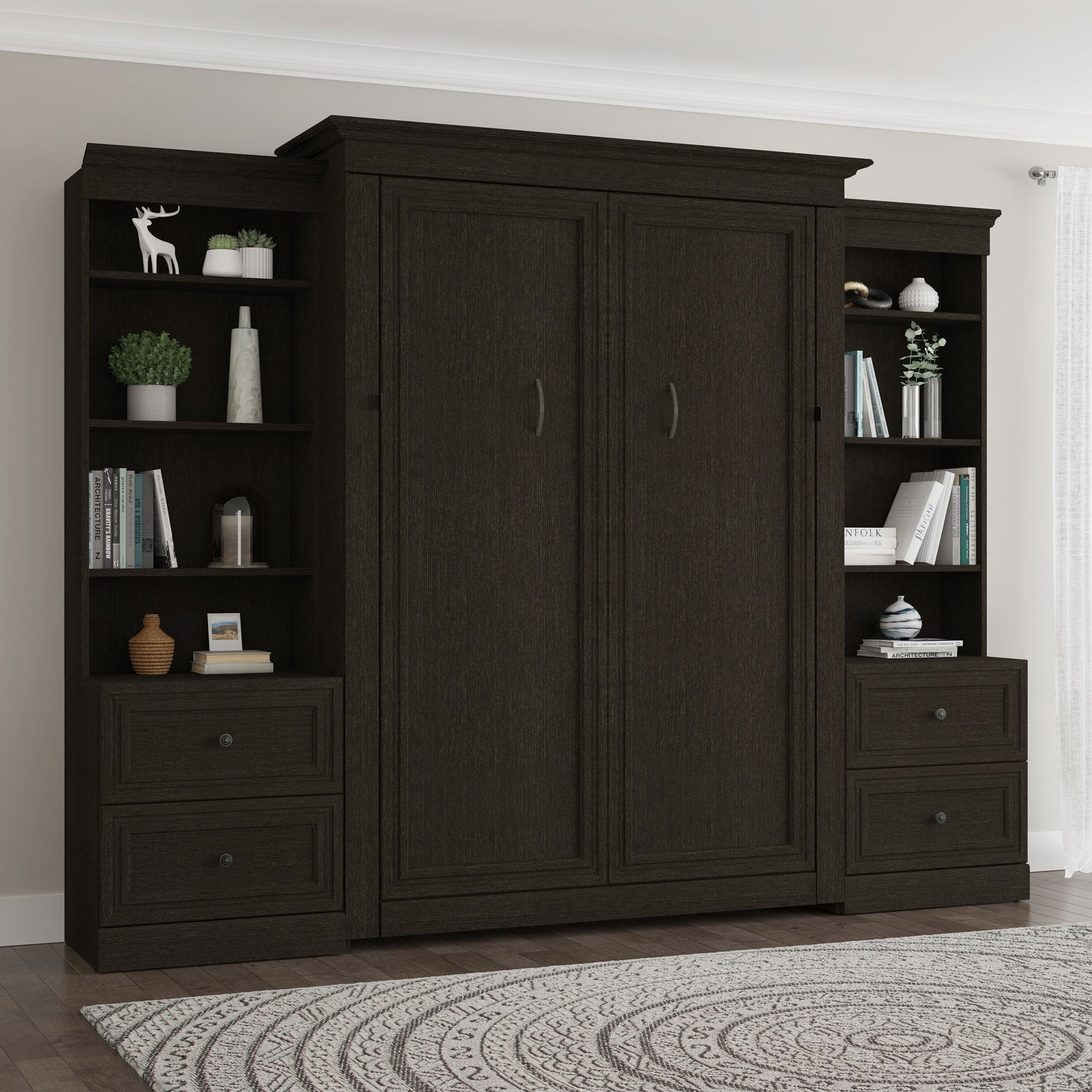 Willow Full Wall Bed with Two 25" Storage, Nightstand with Upper Bookcase