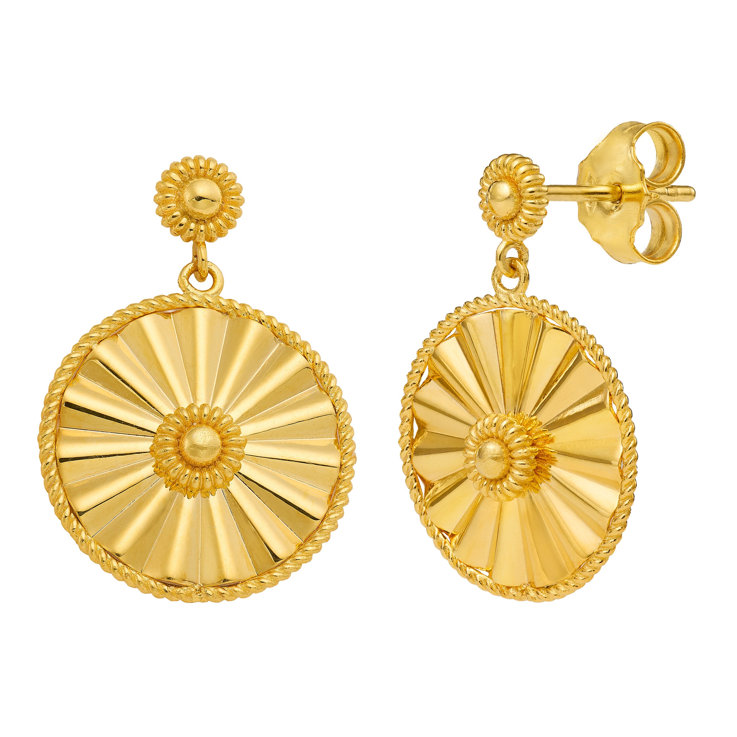 22kt Yellow Gold Fluted Circle Drop Earrings