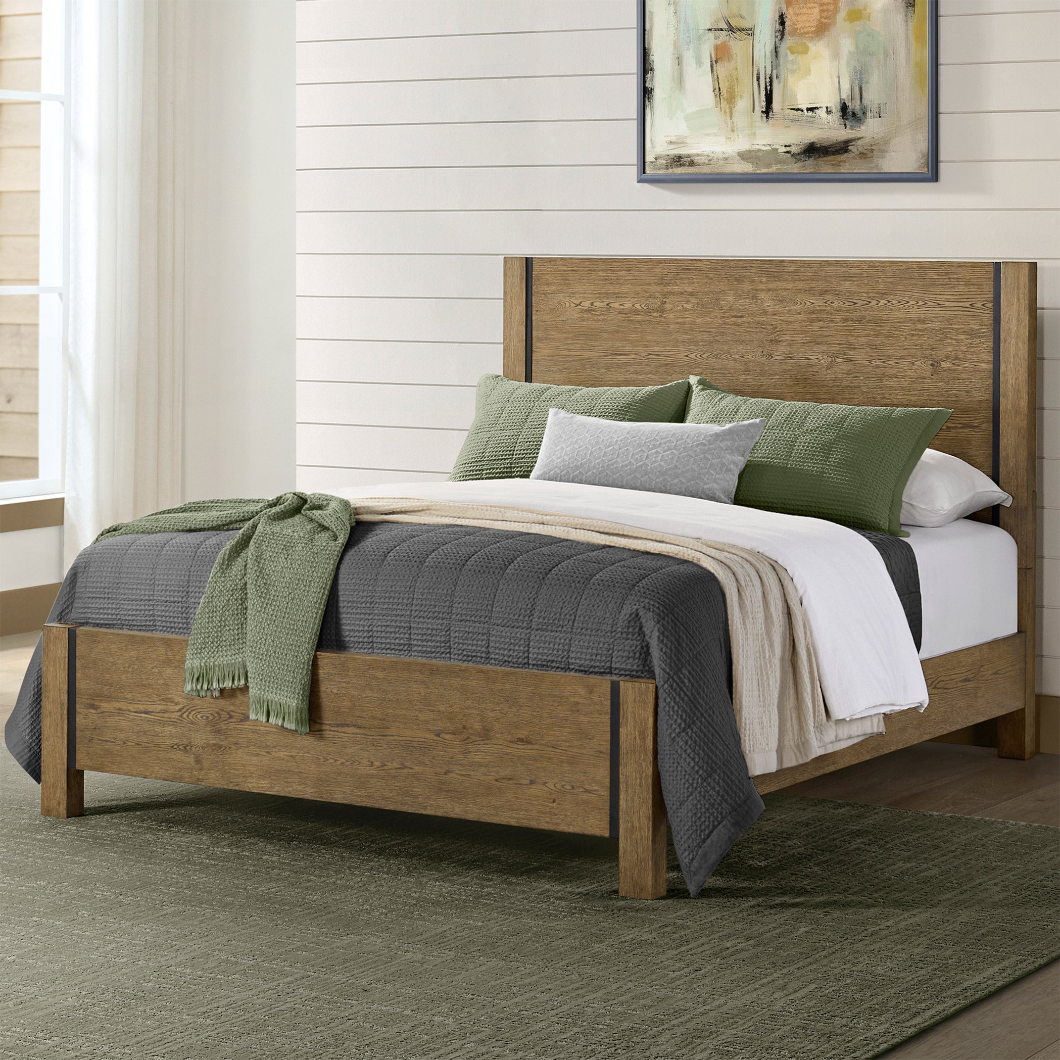 Baylor Panel Bed Frame with Black Metal Accents, Rustic Oak Finish