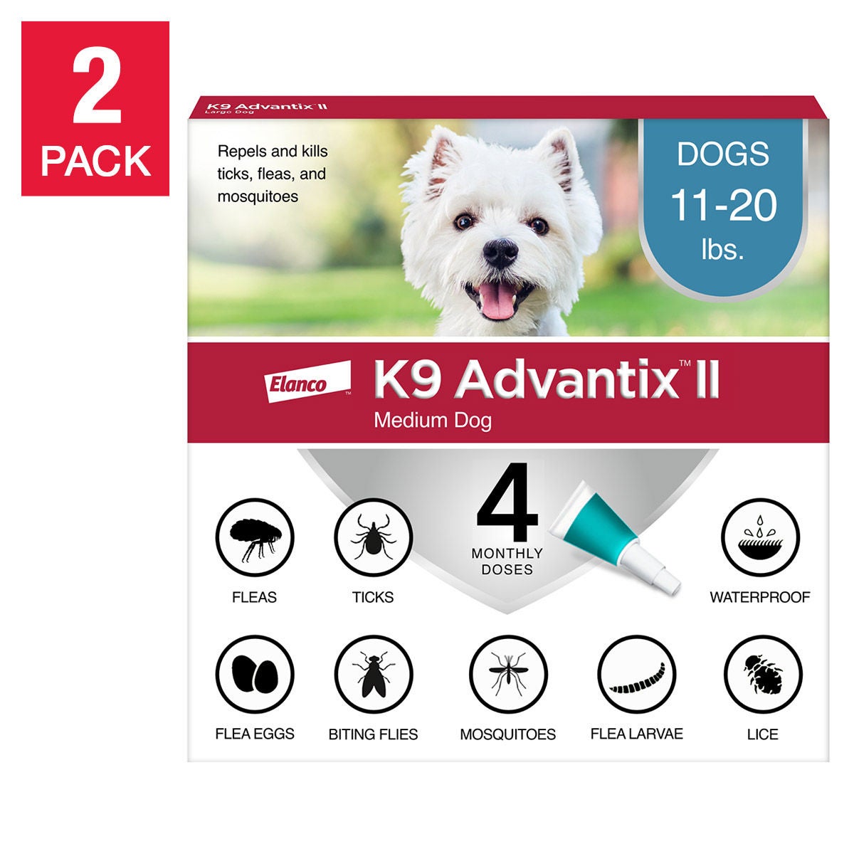 K9 Advantix II Flea and Tick Topical Treatment for Dogs 11-20 lbs, 4-doses, 2-count