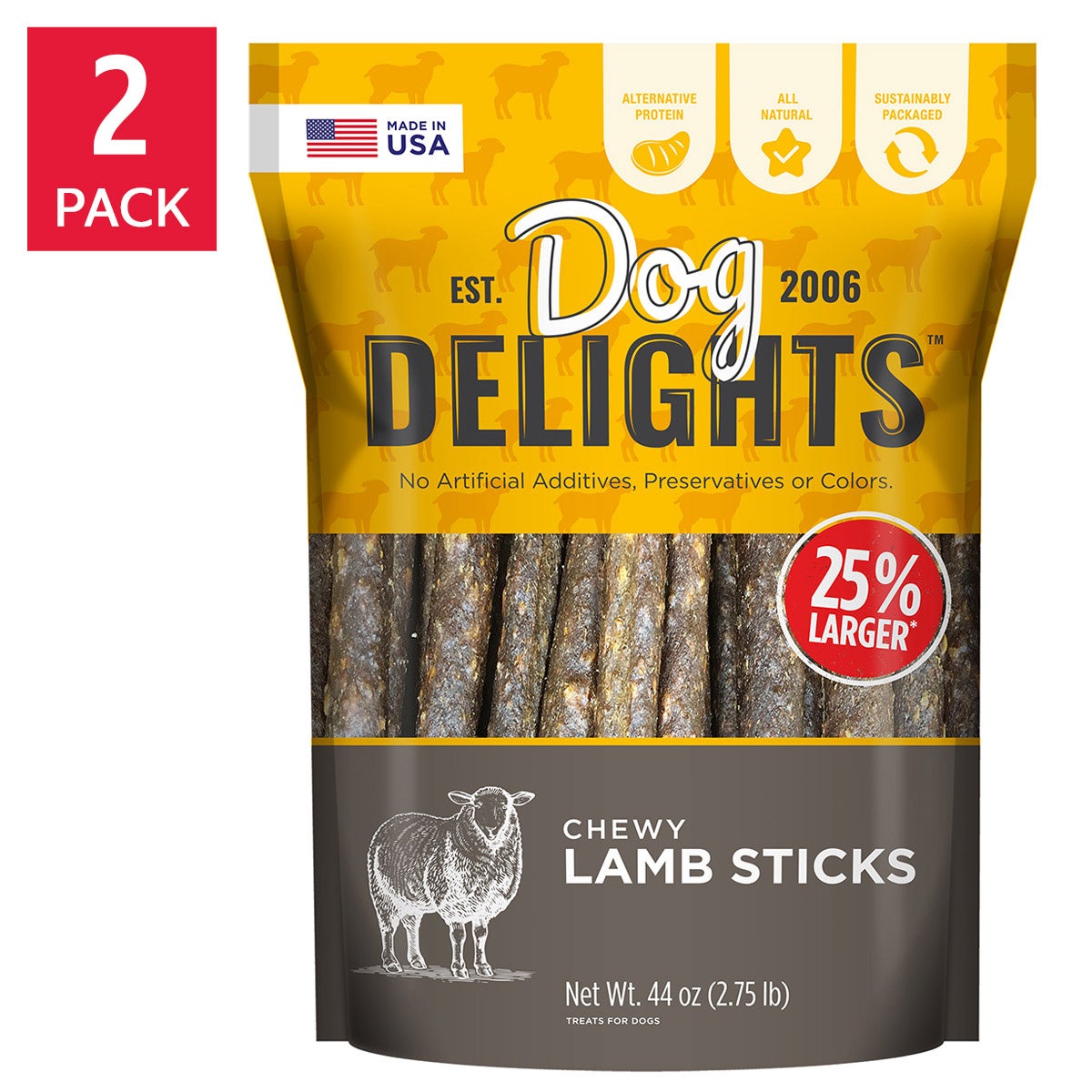 Dog Delights Chewy Lamb Sticks 44 oz, 2-pack