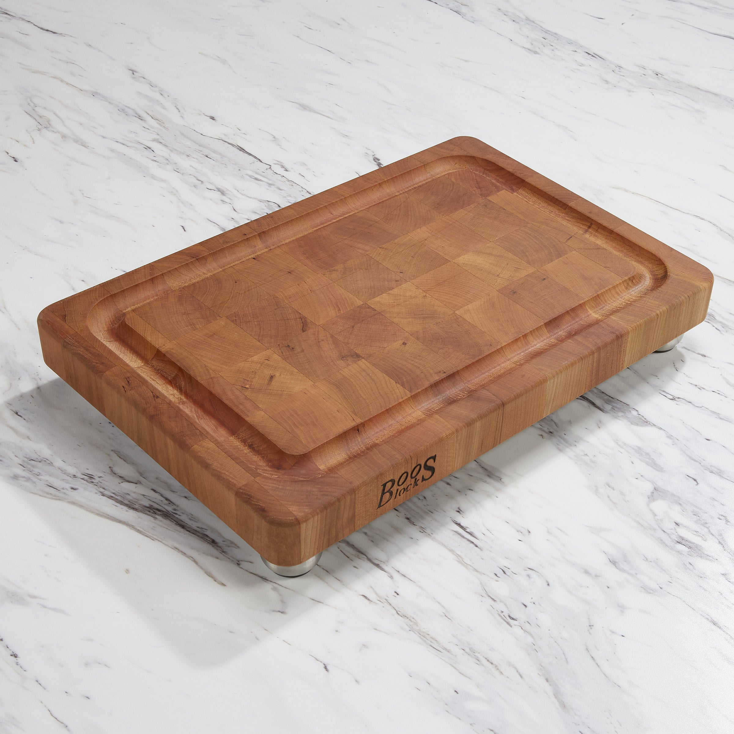 John Boos Signature End Grain Cherry Cutting Board With Stainless Steel Bun Feet