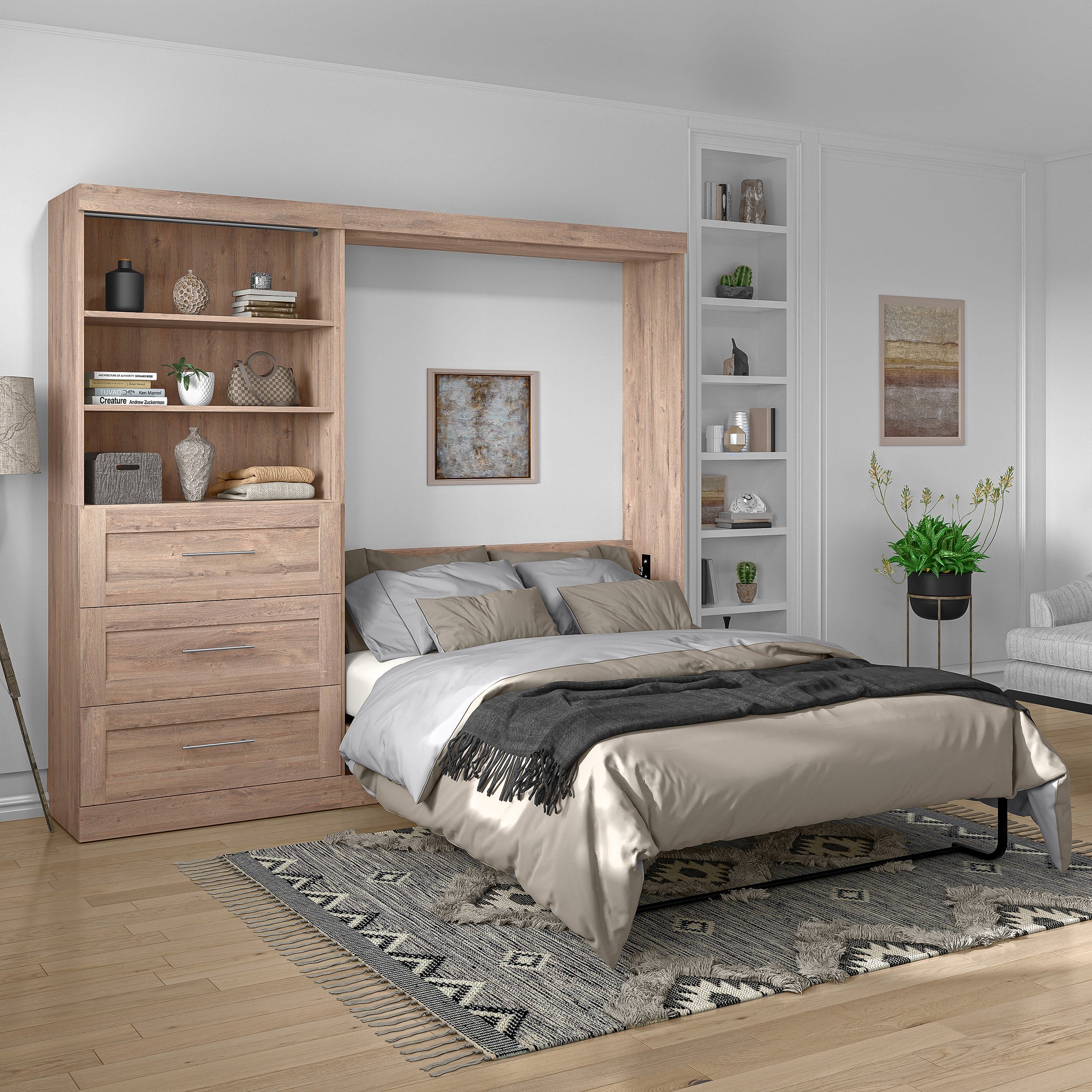 Boutique Full Murphy Bed and Shelving Unit with Drawers
