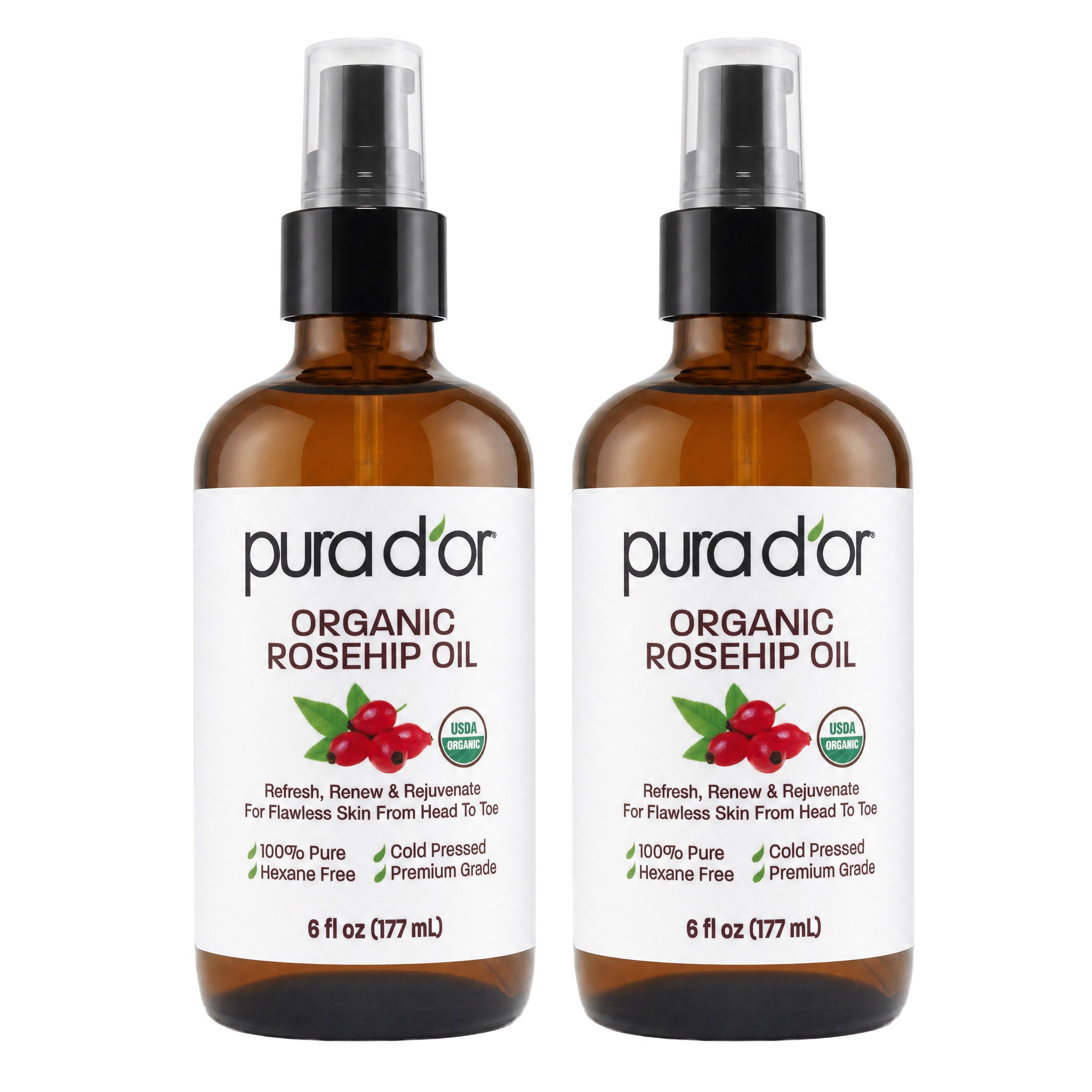 pura d'or Organic Rosehip Oil, 6 fl oz, 2-pack