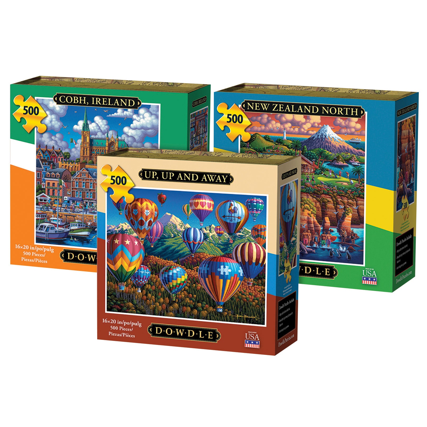 Dowdle Jigsaw Puzzle 3 Pack – 500 piece Each – Cobh, Ireland, New Zealand North & Up Up and Away