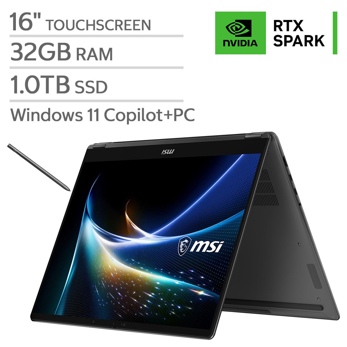 MSI Prestige 16" Copilot+ PC Flip Laptop - NVIDIA RTX Spark N1X - 2880x1800 OLED Touchscreen - 32GB RAM - 1TB SSD - Windows 11.