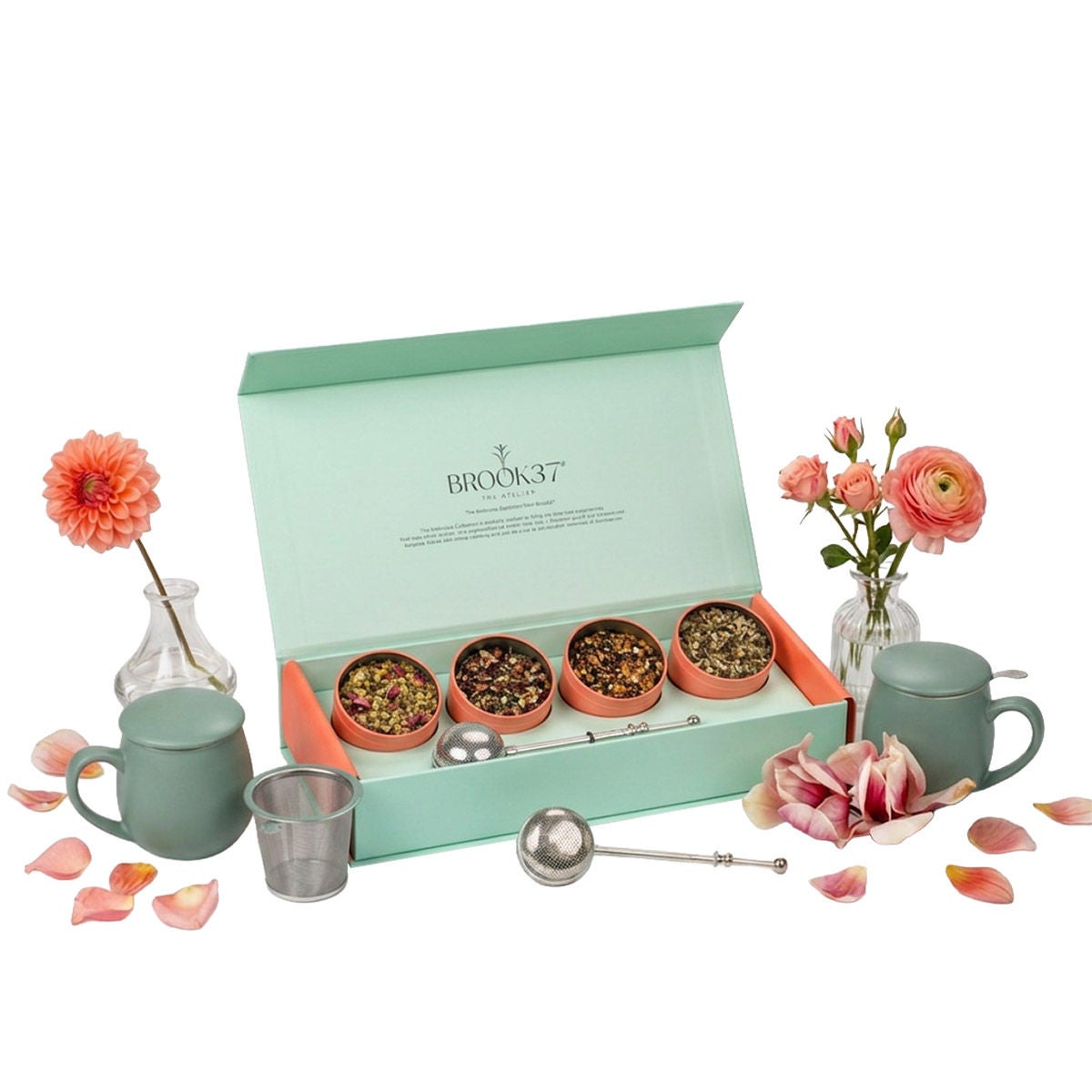 Brook 37 Ambrosia Gift Box Tea Collection, 4 Loose Leaf Tins (4 oz Total) 2 Teacups & Infusers
