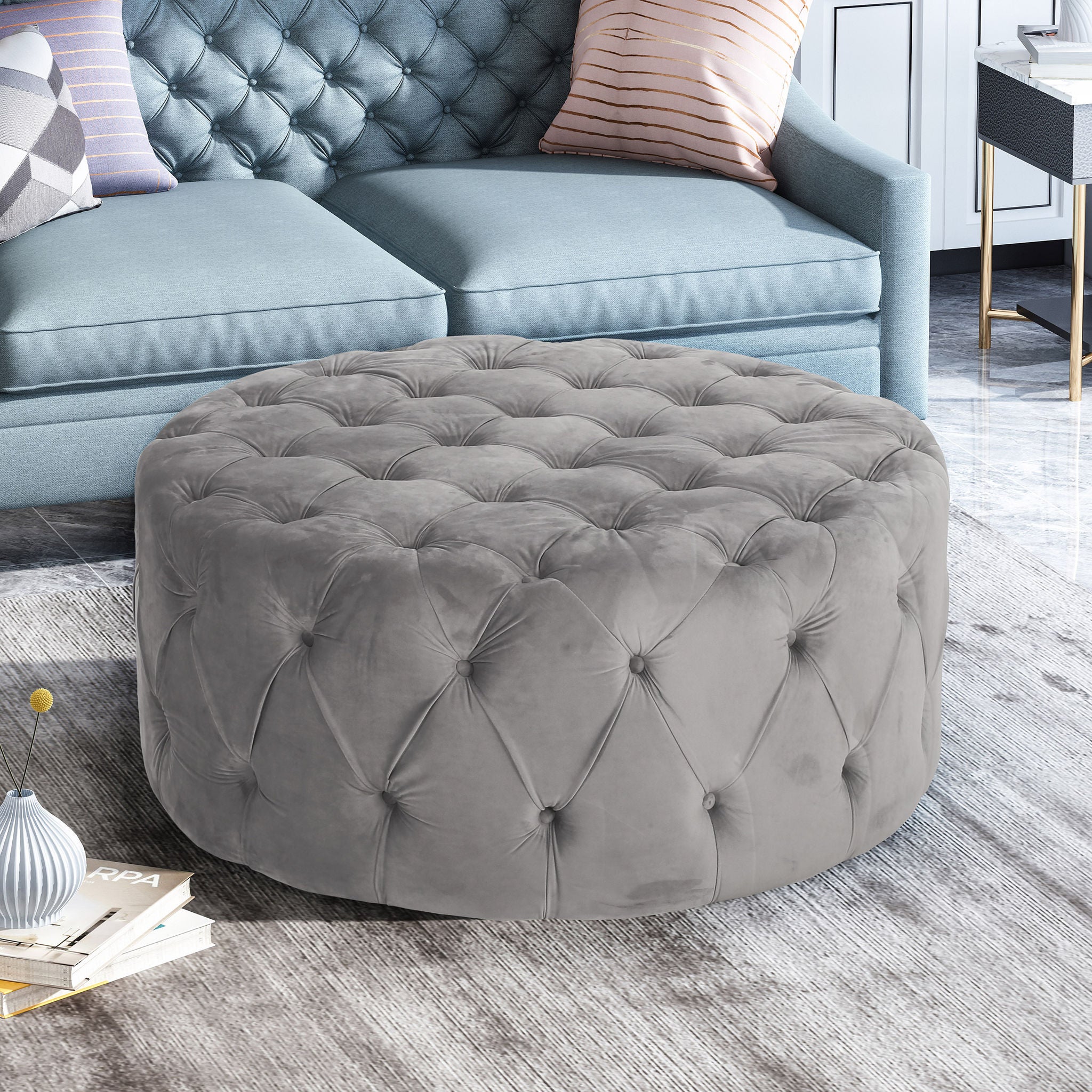 Orla Round Tufted Fabric Ottoman