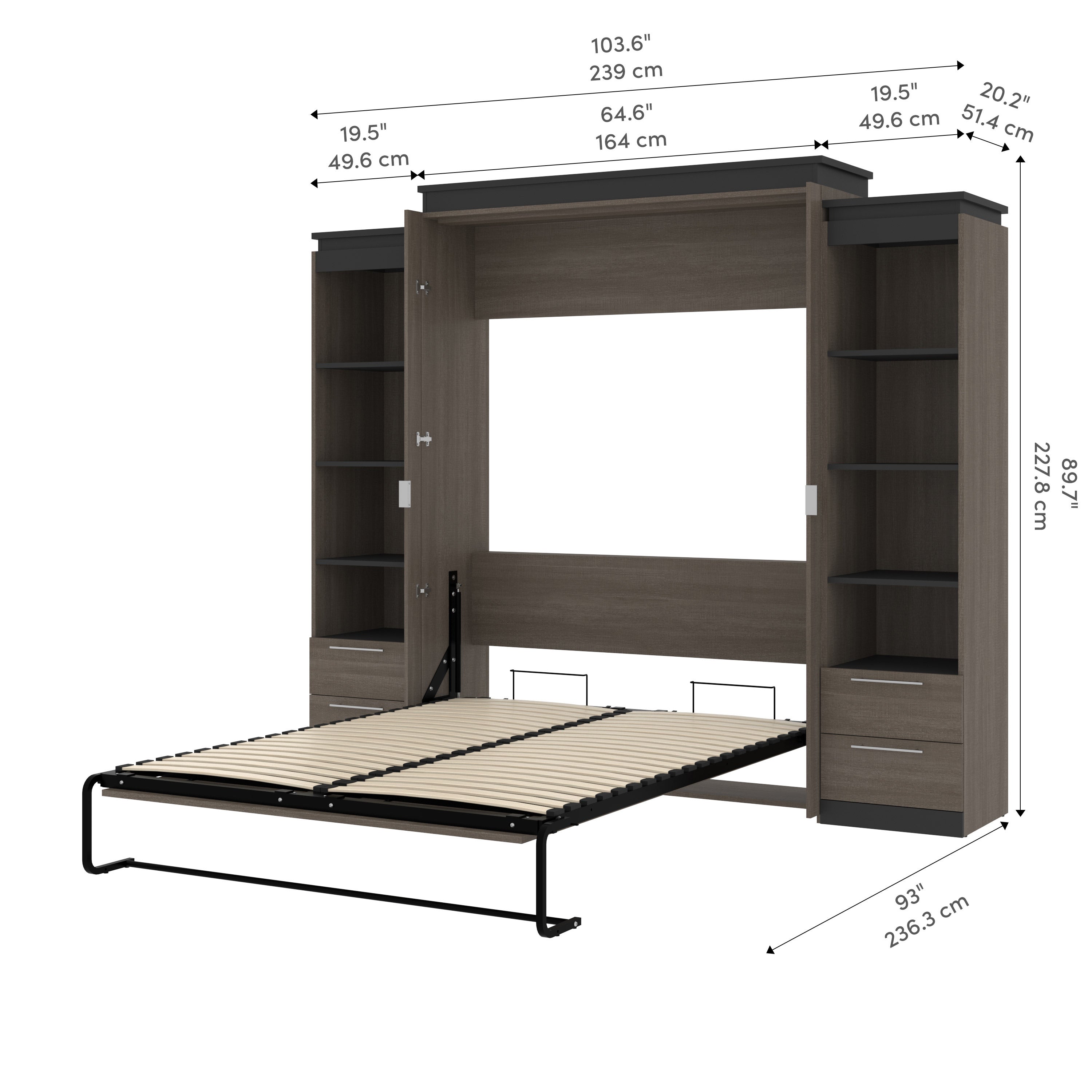 Orion Queen Wall Bed with 2 Shelving Units with Drawers