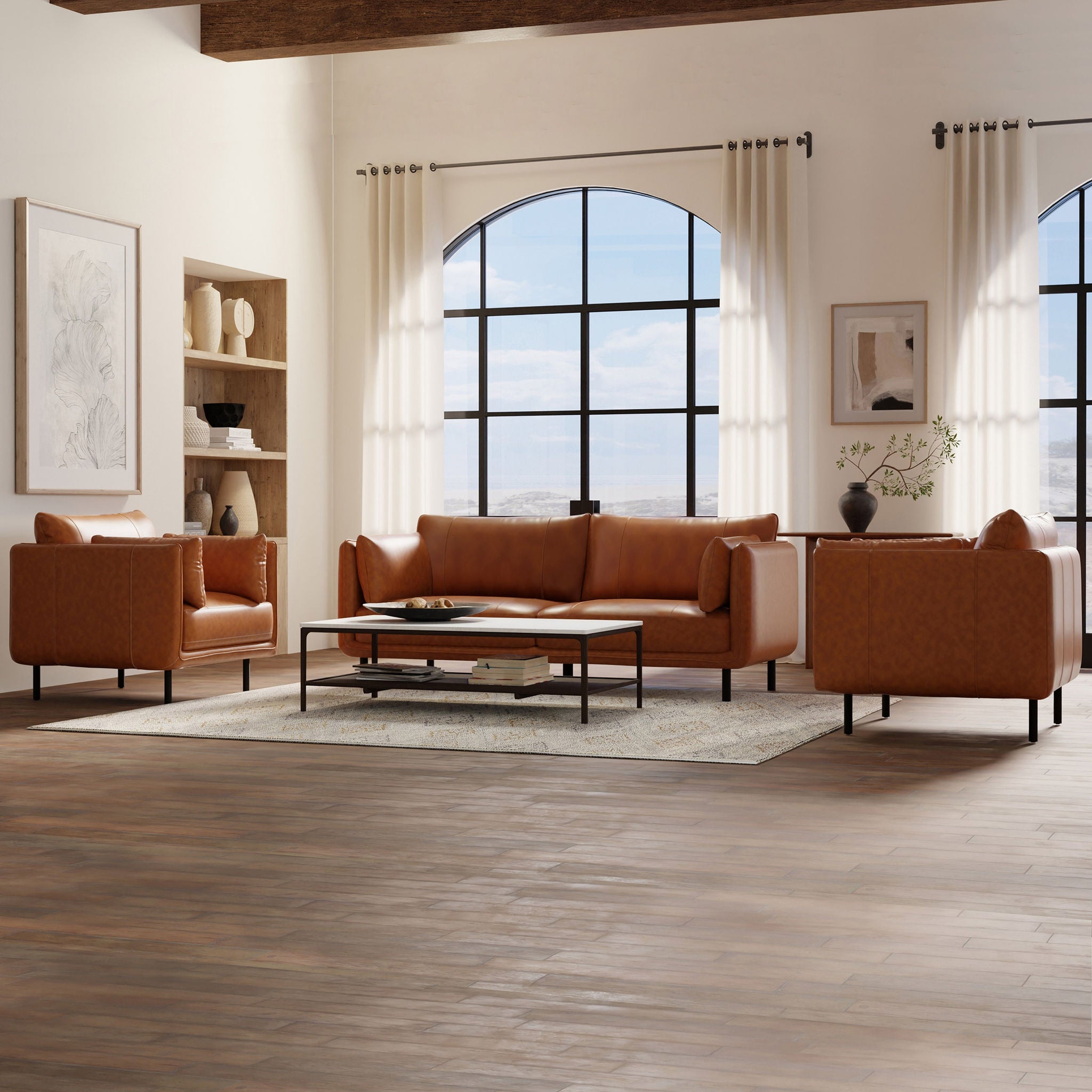 Simone Top Grain Leather Sofa with Two Matching Chairs