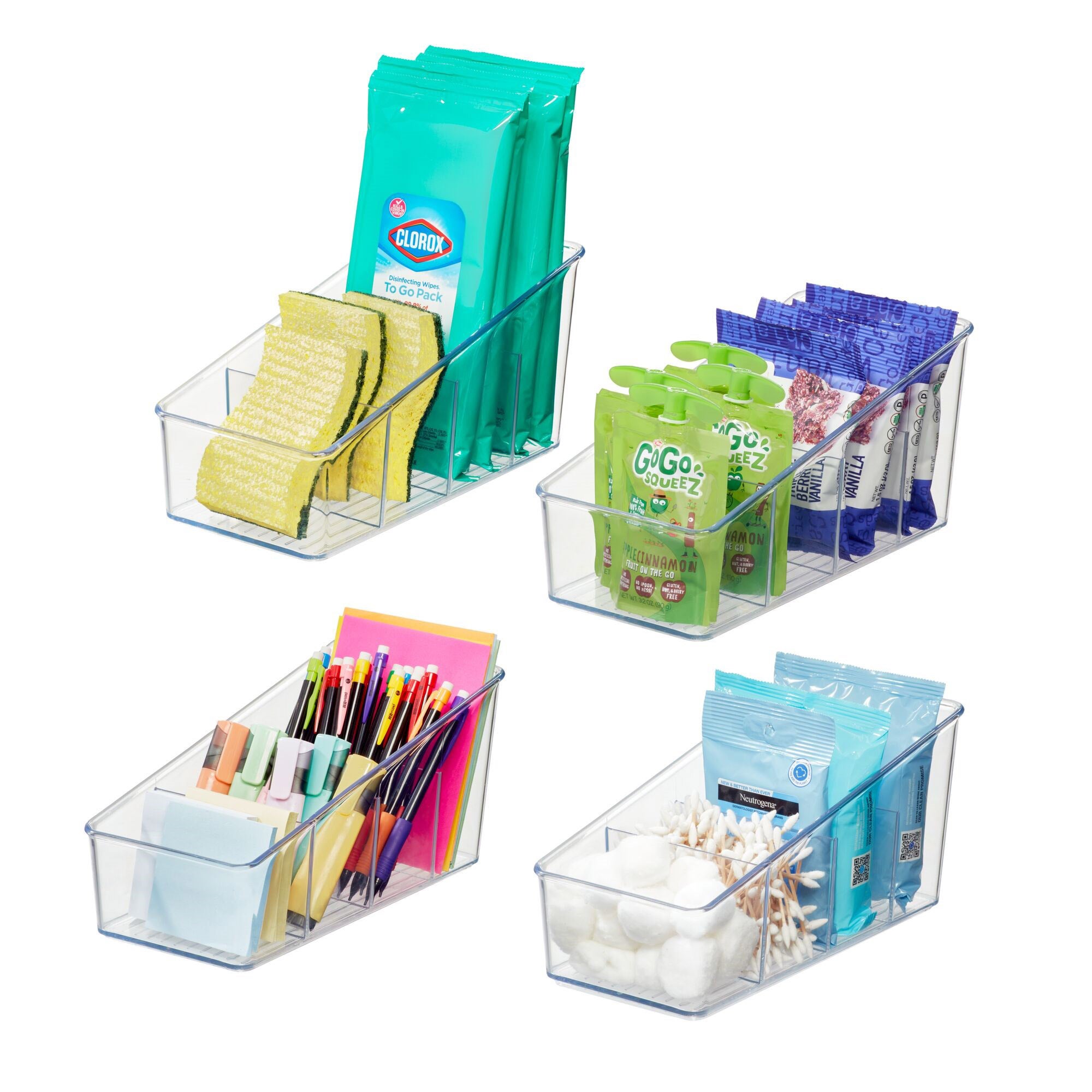 iDESIGN Clear Plastic 4-Tier Sectioned Kitchen Organizers, Set of 4