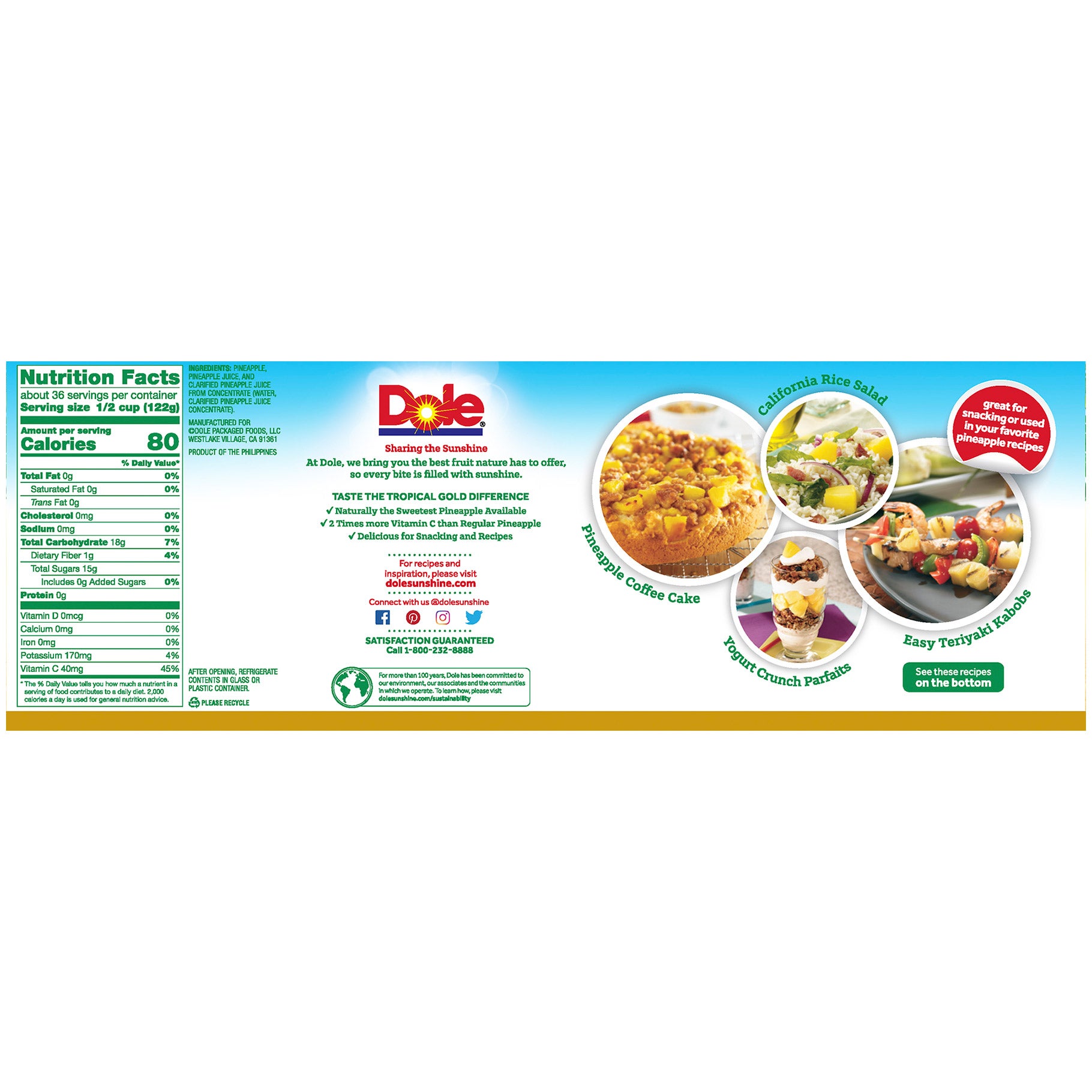 Dole Tropical Gold Pineapple Chunks, 20 oz, 8-count