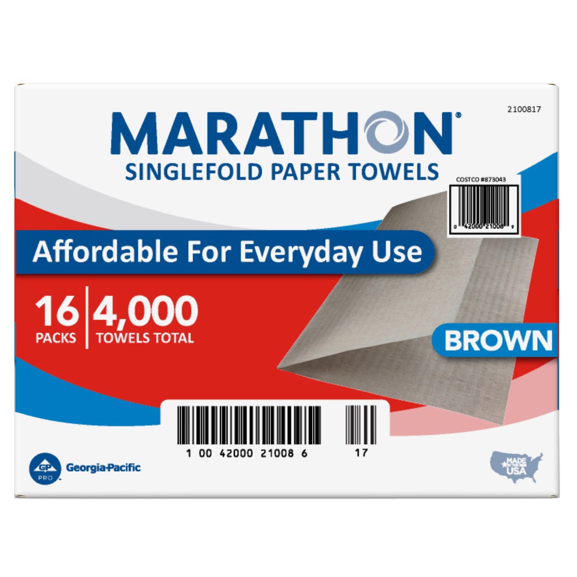 Marathon Paper Towel, Brown, Singlefold, 1-Ply, 250-count, 16-pack