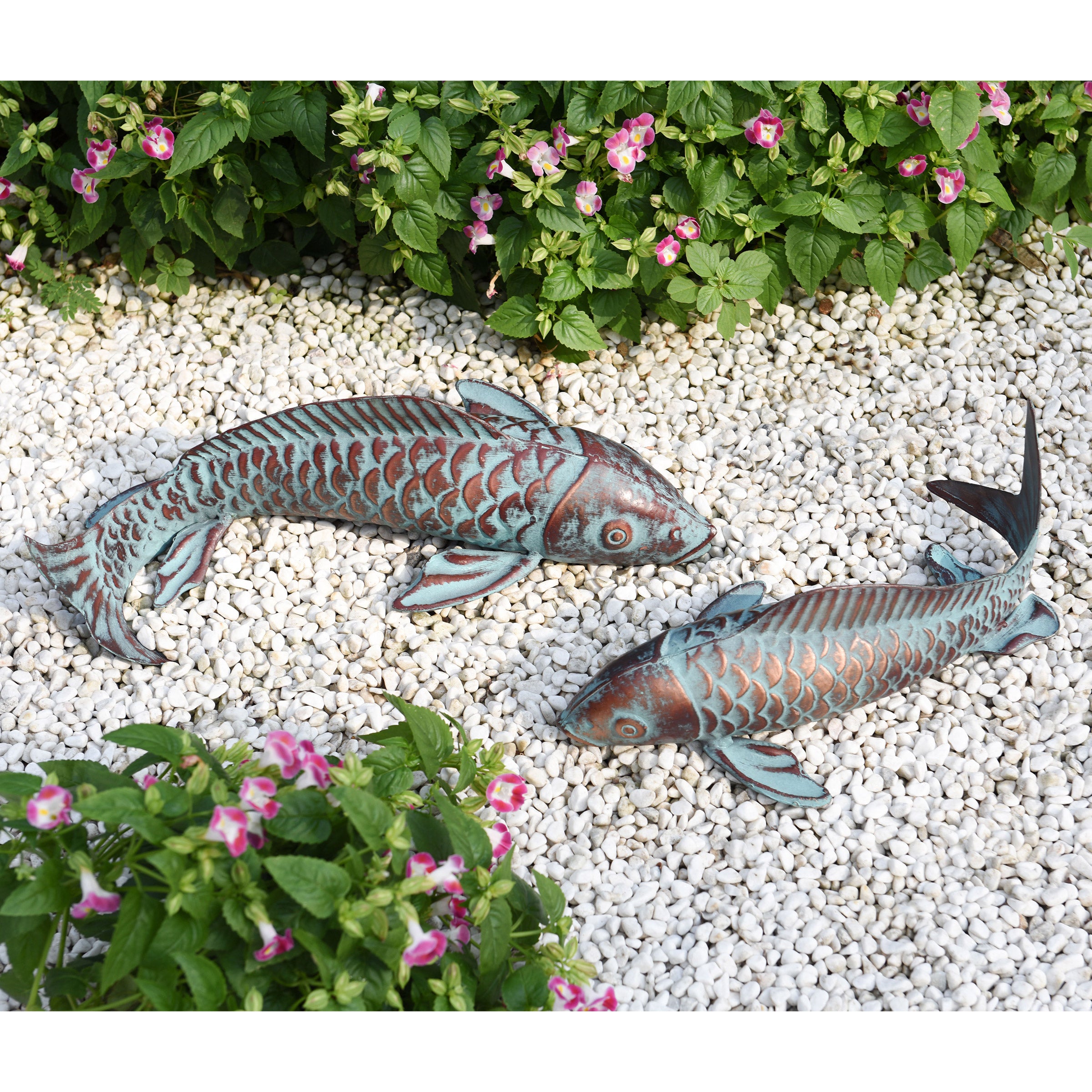 Verdigris Metal Fish Statue, 2-pack